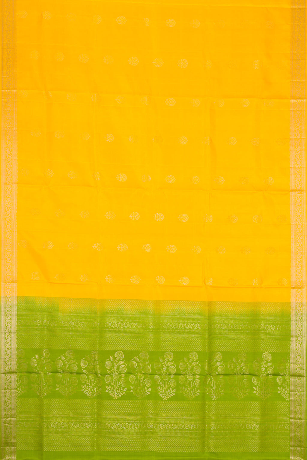 Flat view of Yellow Dual Tone Soft Silk Saree with Zari Butta on the body and Zari Border. 