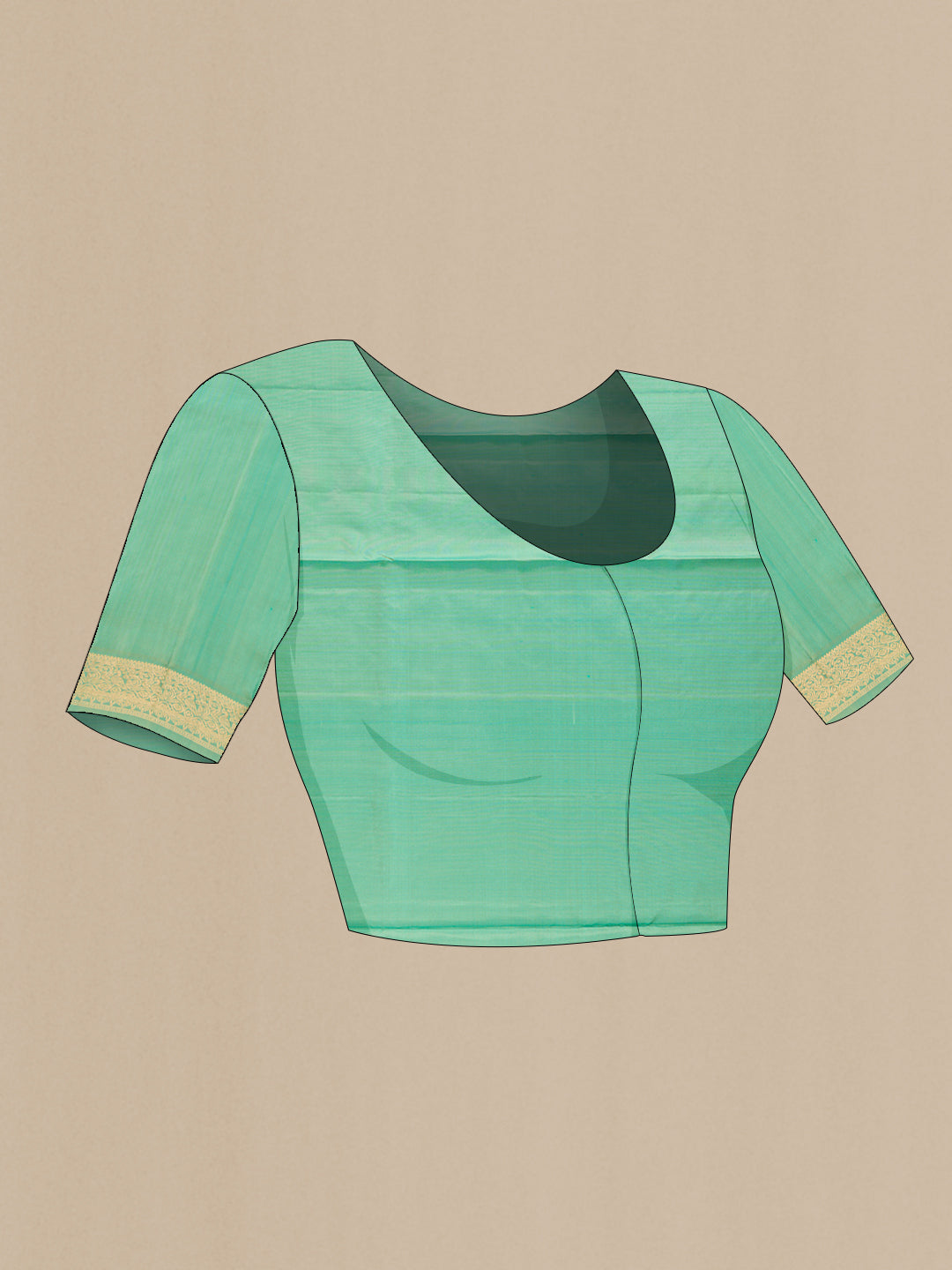 Close up image of the blouse of Pista Green Dual Tone Soft Silk Saree with Zari Butta on the body and Zari Border. 