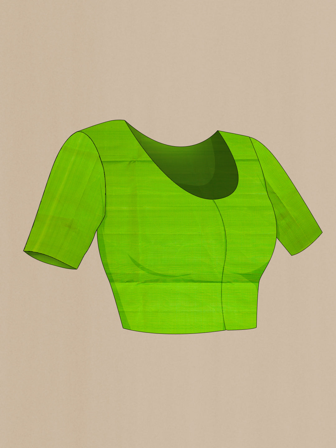 Close up image of the blouse of Parrot Green Dual Tone Kanjivaram Silk Saree with Stripes on the body and Without Border. 