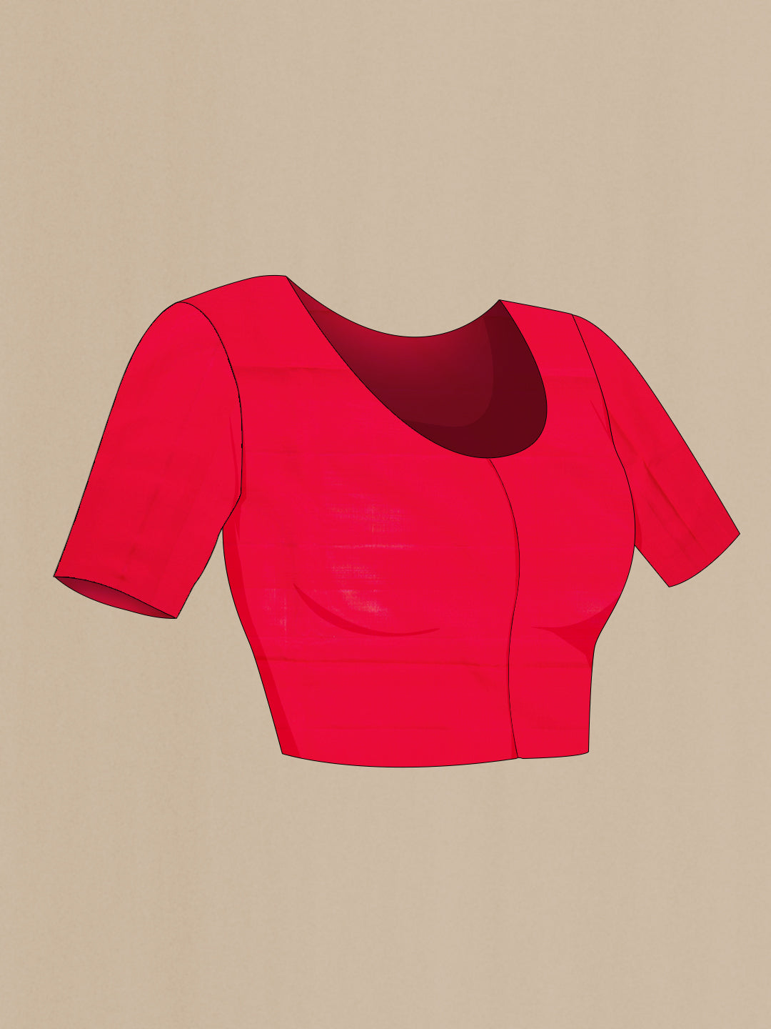 Close up image of the blouse of Red Dual Tone Soft Silk Saree with Zari Butta on the body and Without Border. 