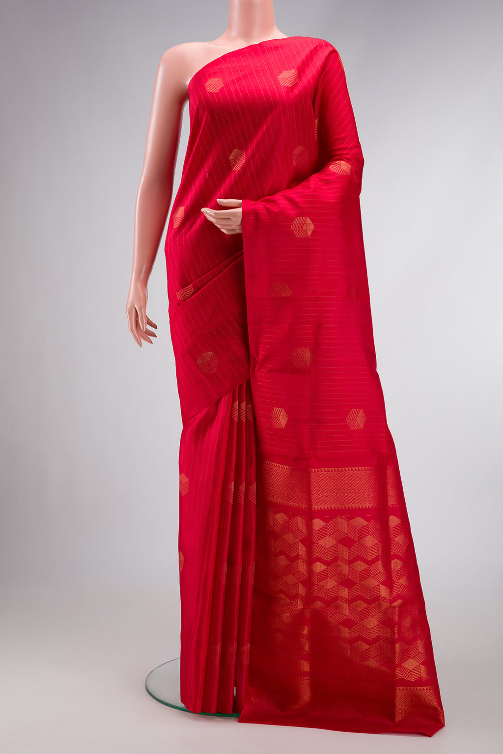 Red Dual Tone Soft Silk Saree with Zari Butta on the body and Without Border.  displayed on a mannequin