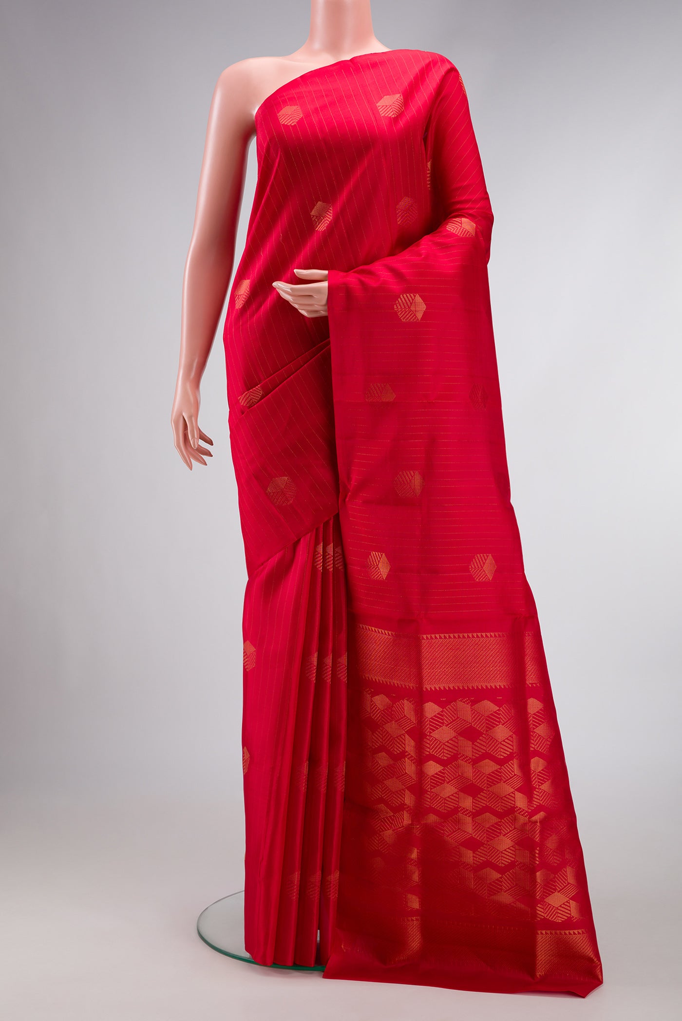 Red Dual Tone Soft Silk Saree with Zari Butta on the body and Without Border.  displayed on a mannequin
