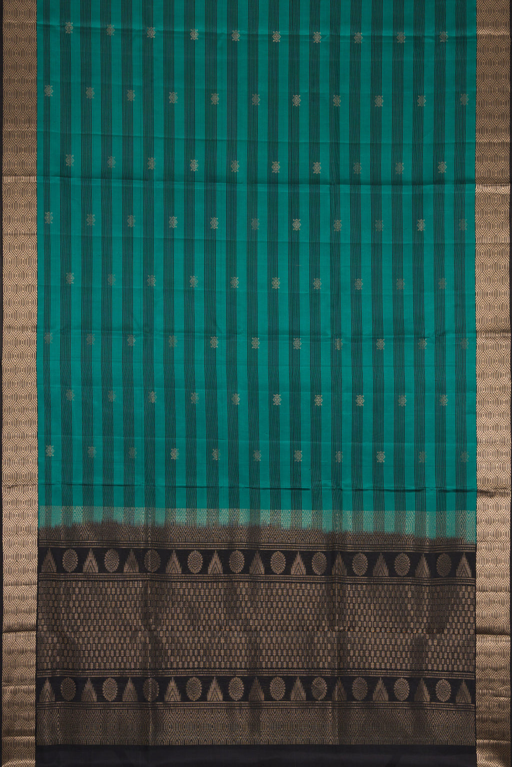 Flat view of Maya Blue Dual Tone Soft Silk Saree with Zari Butta on the body and Zari Border. 