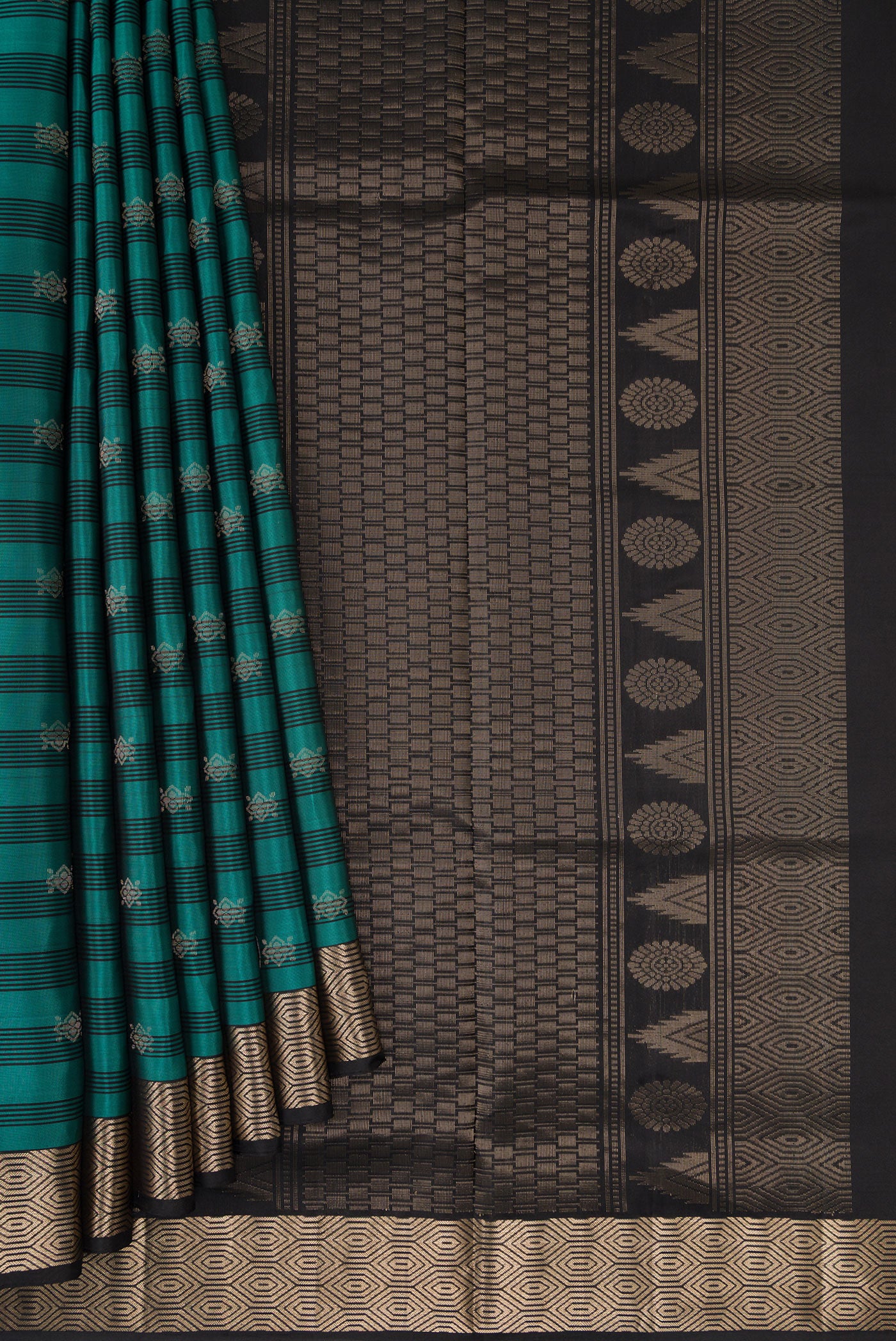 Pleats and pallu of Maya Blue Dual Tone Soft Silk Saree with Zari Butta on the body and Zari Border. 