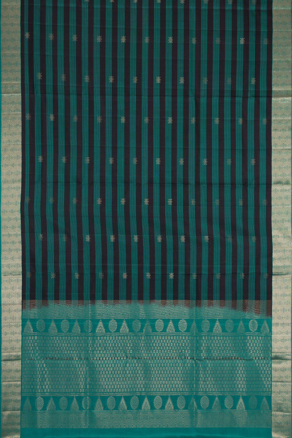 Flat view of Maya Blue Dual Tone Soft Silk Saree with Stripes on the body and Zari Border. 