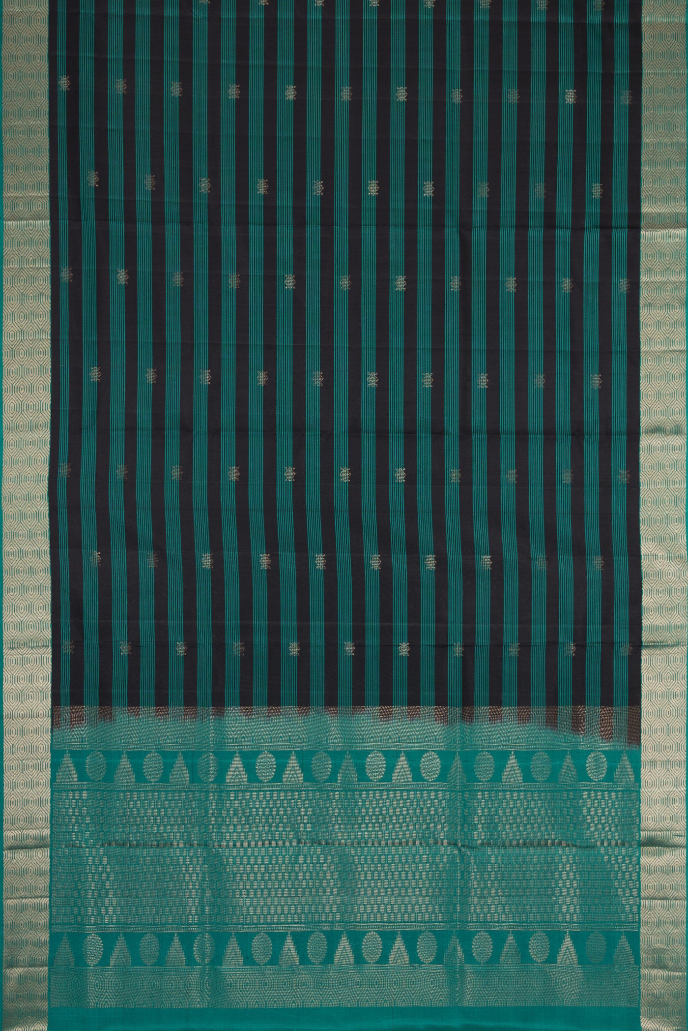 Flat view of Maya Blue Dual Tone Soft Silk Saree with Stripes on the body and Zari Border. 
