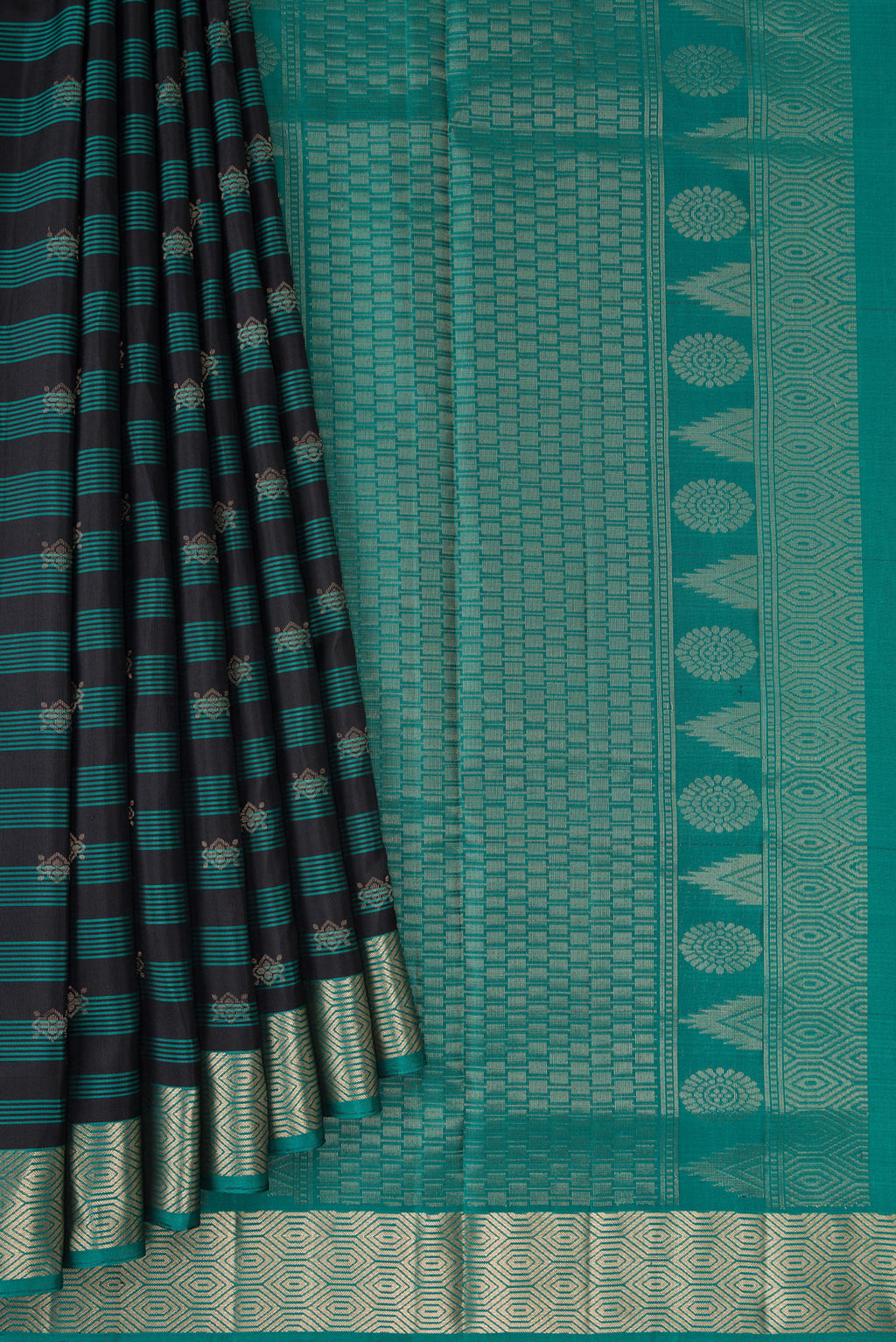 Pleats and pallu of Maya Blue Dual Tone Soft Silk Saree with Stripes on the body and Zari Border. 