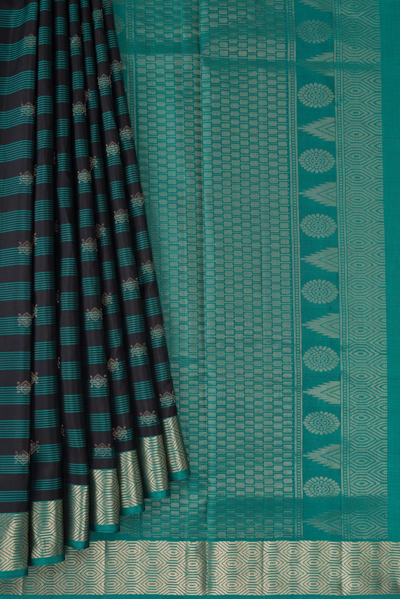 Pleats and pallu of Maya Blue Dual Tone Soft Silk Saree with Stripes on the body and Zari Border. 
