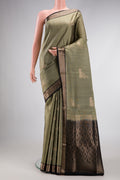 Grey Dual Tone Soft Silk Saree with Zari Butta on the body and Zari Border.  displayed on a mannequin