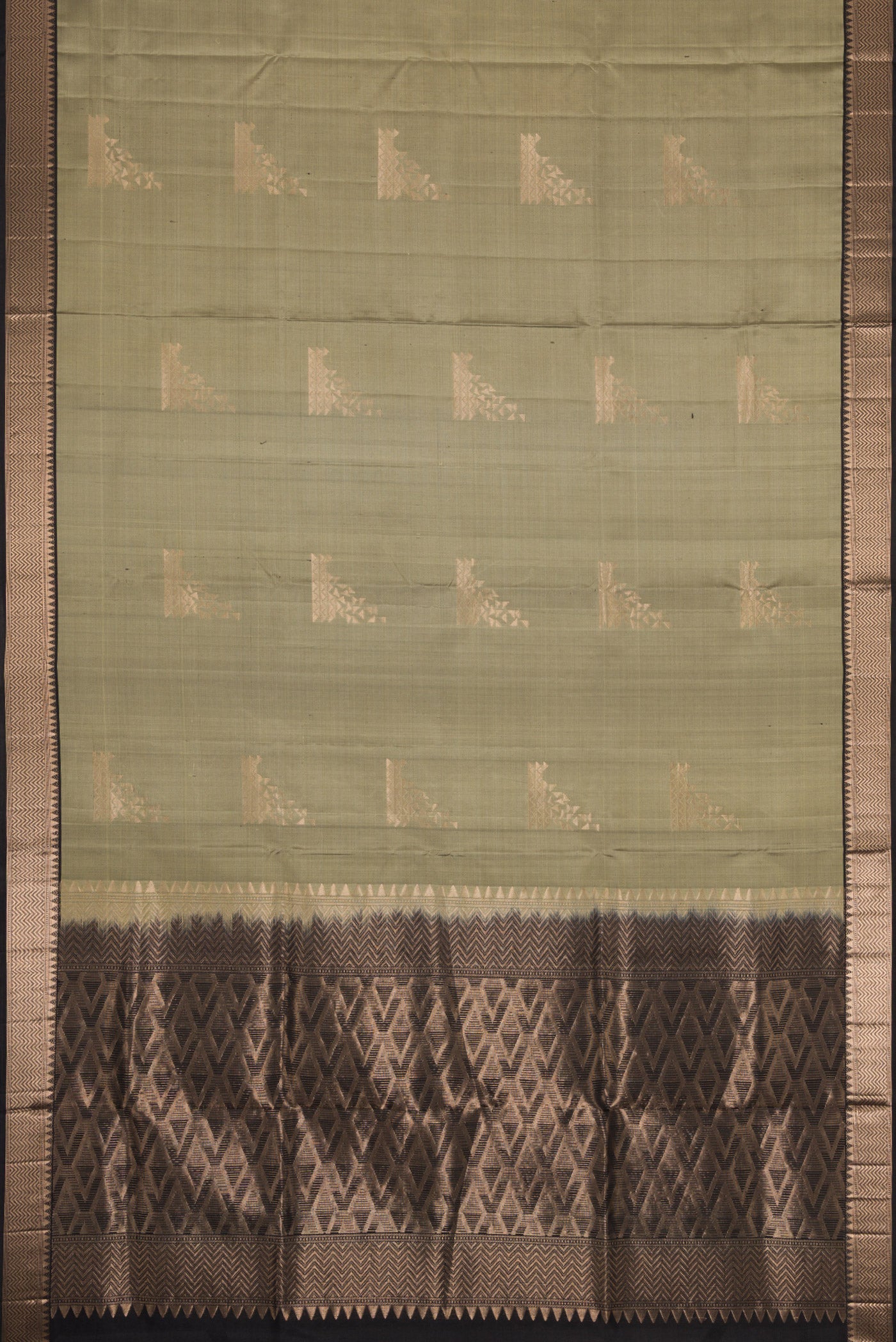 Flat view of Grey Dual Tone Soft Silk Saree with Zari Butta on the body and Zari Border. 