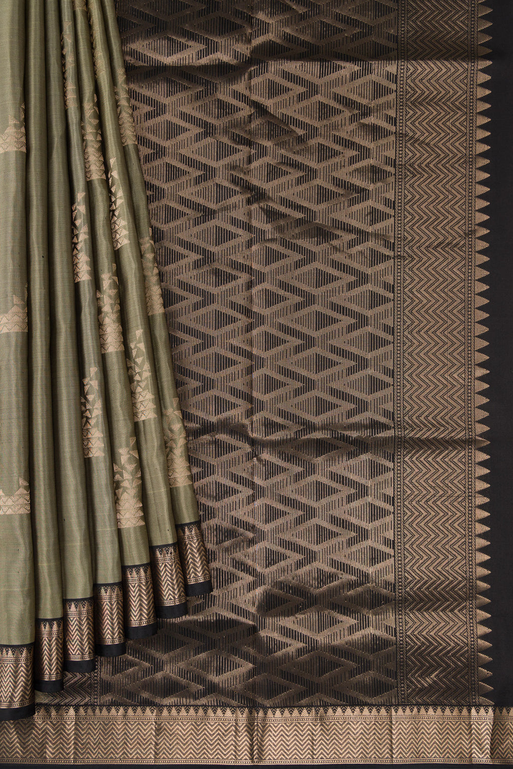 Pleats and pallu of Grey Dual Tone Soft Silk Saree with Zari Butta on the body and Zari Border. 