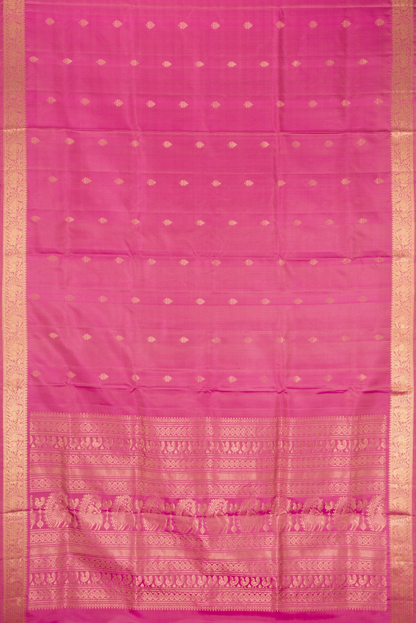 Flat view of Pink Dual Tone Soft Silk Saree with Zari Butta on the body and Zari Border. 