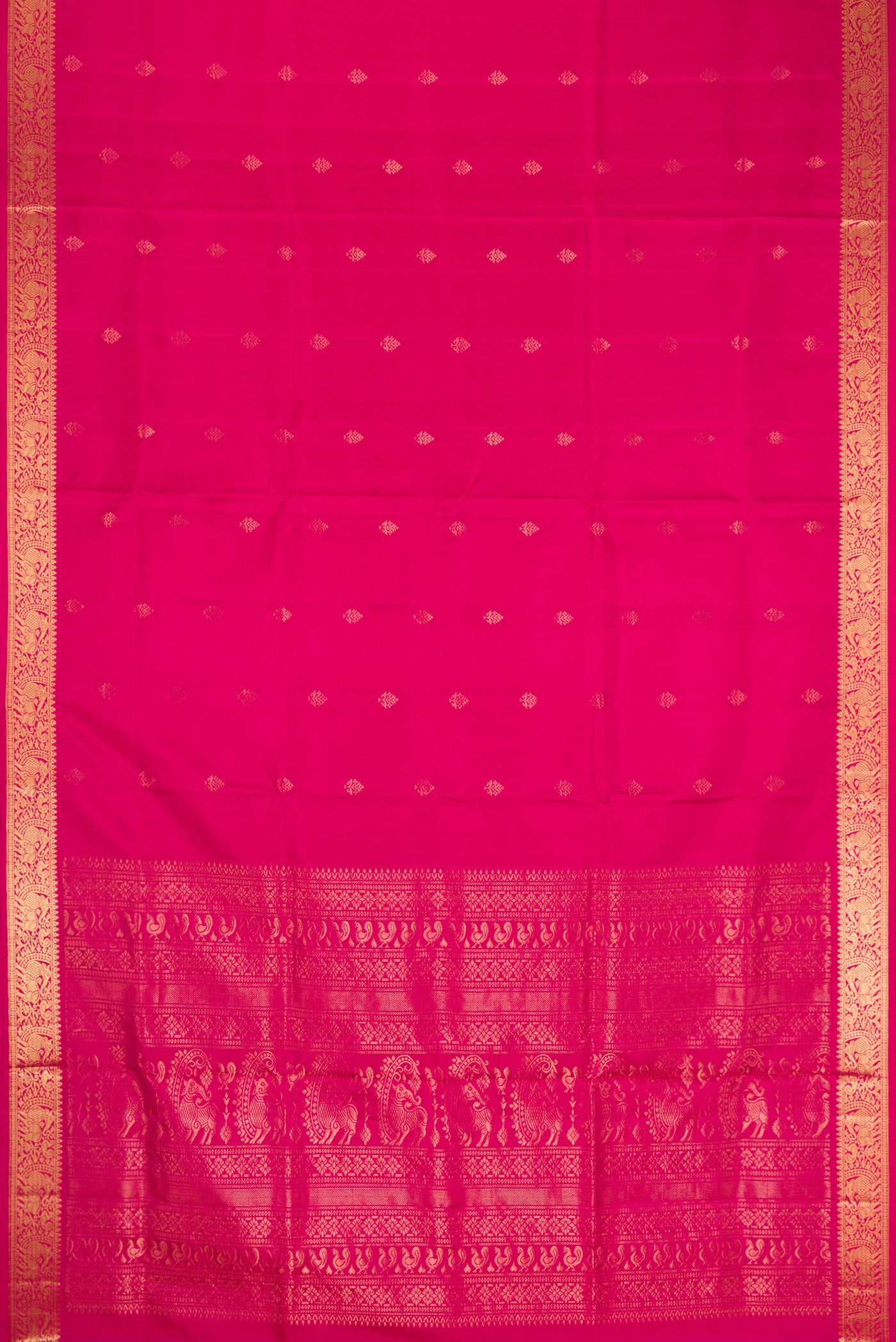 Flat view of Dark Pink Dual Tone Soft Silk Saree with Zari Butta on the body and Zari Border. 