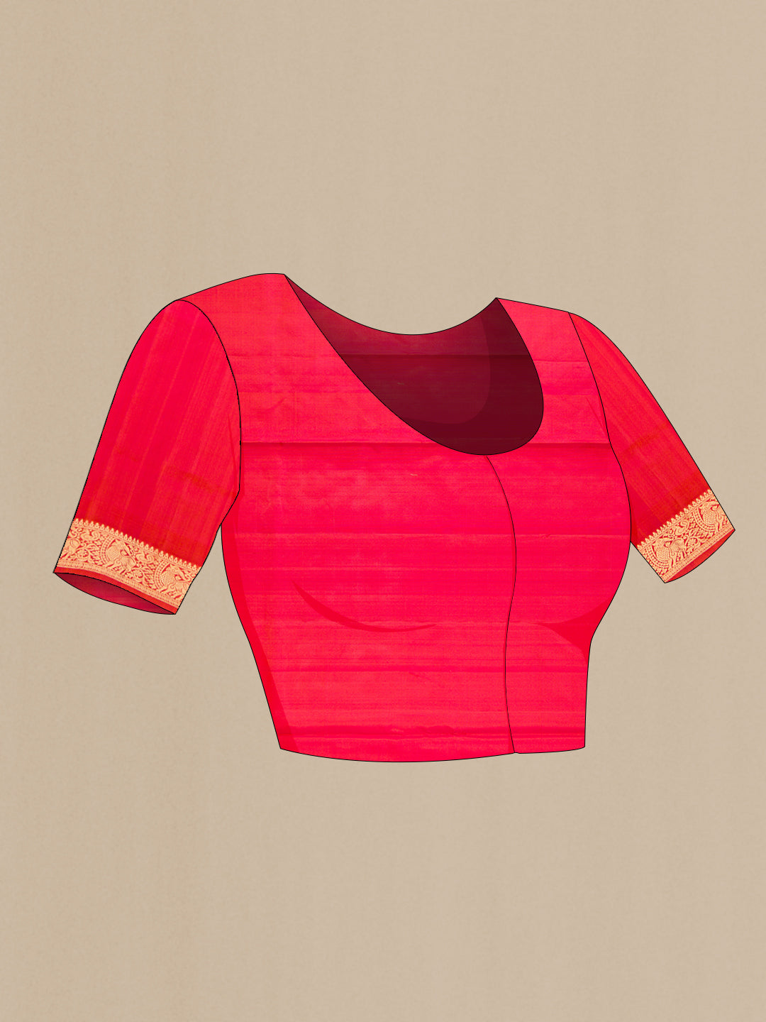 Close up image of the blouse of Brick Orange Dual Tone Soft Silk Saree with Zari Butta on the body and Zari Border. 