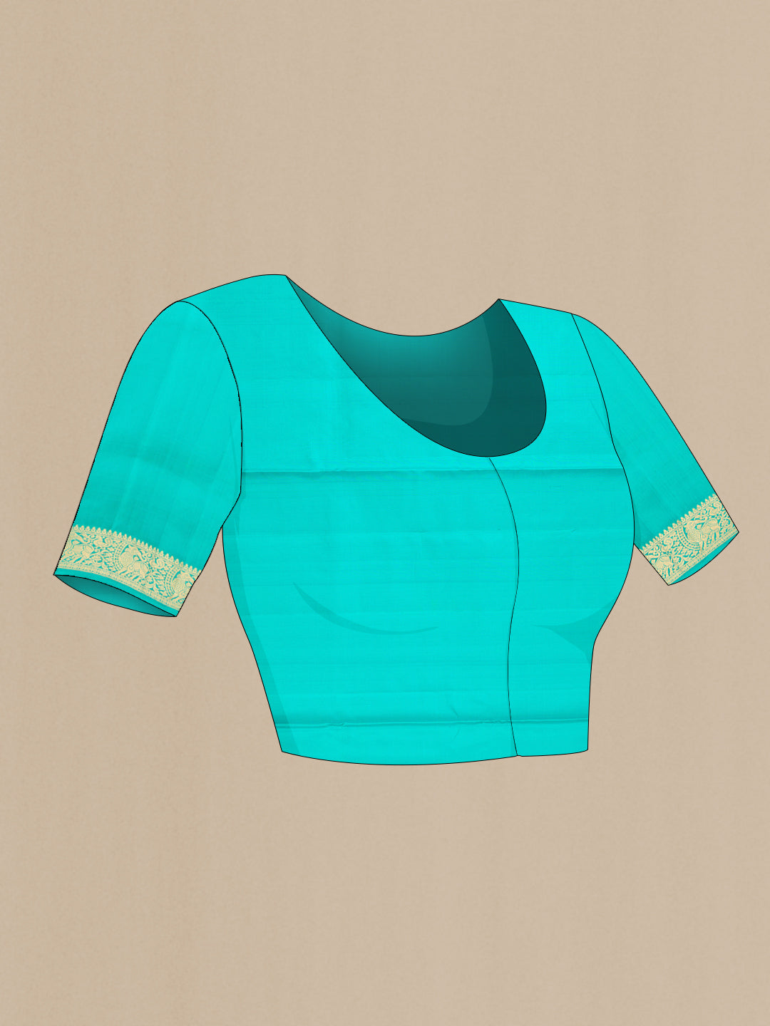 Close up image of the blouse of Sky Blue Dual Tone Soft Silk Saree with Zari Butta on the body and Zari Border. 