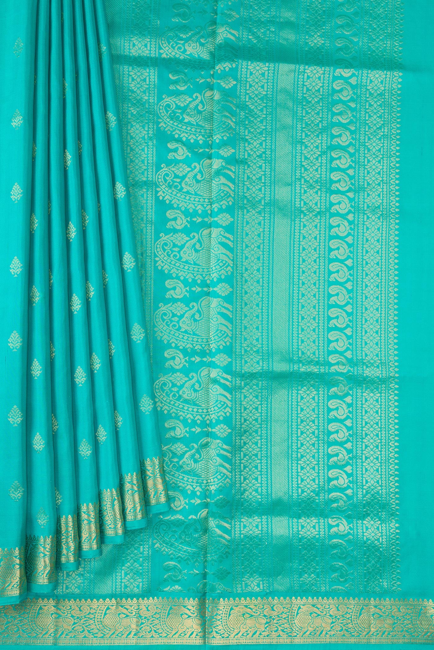 Pleats and pallu of Sky Blue Dual Tone Soft Silk Saree with Zari Butta on the body and Zari Border. 
