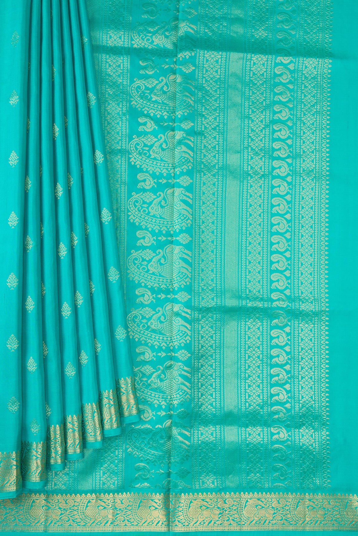 Pleats and pallu of Sky Blue Dual Tone Soft Silk Saree with Zari Butta on the body and Zari Border. 