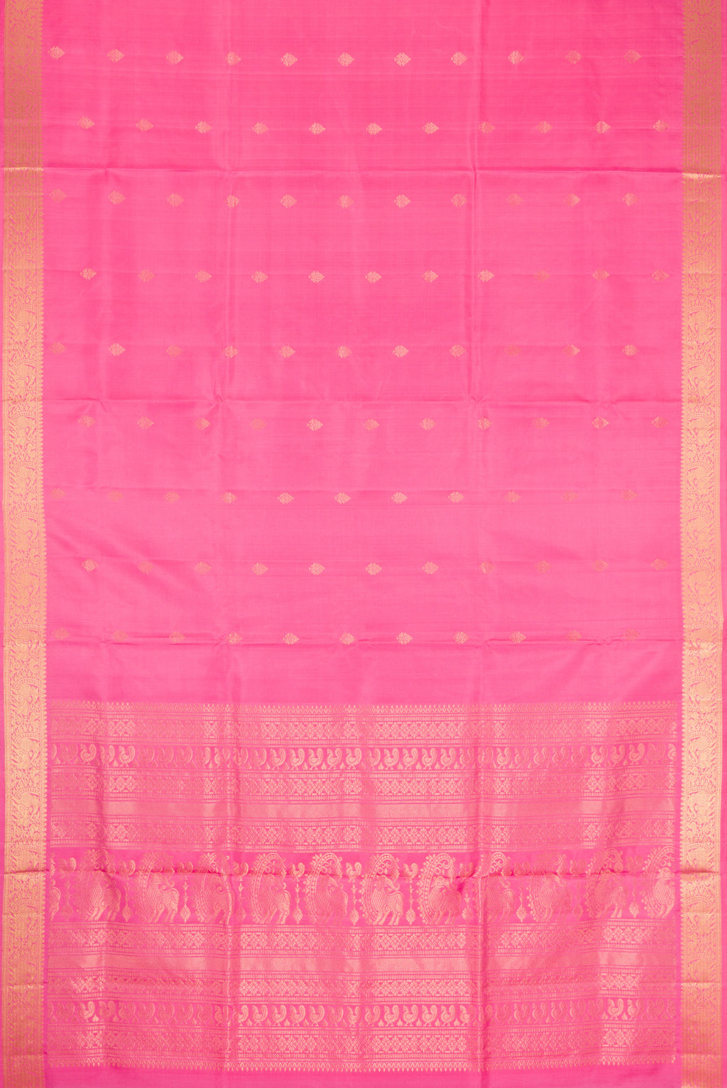 Flat view of Pink Dual Tone Soft Silk Saree with Zari Butta on the body and Zari Border. 