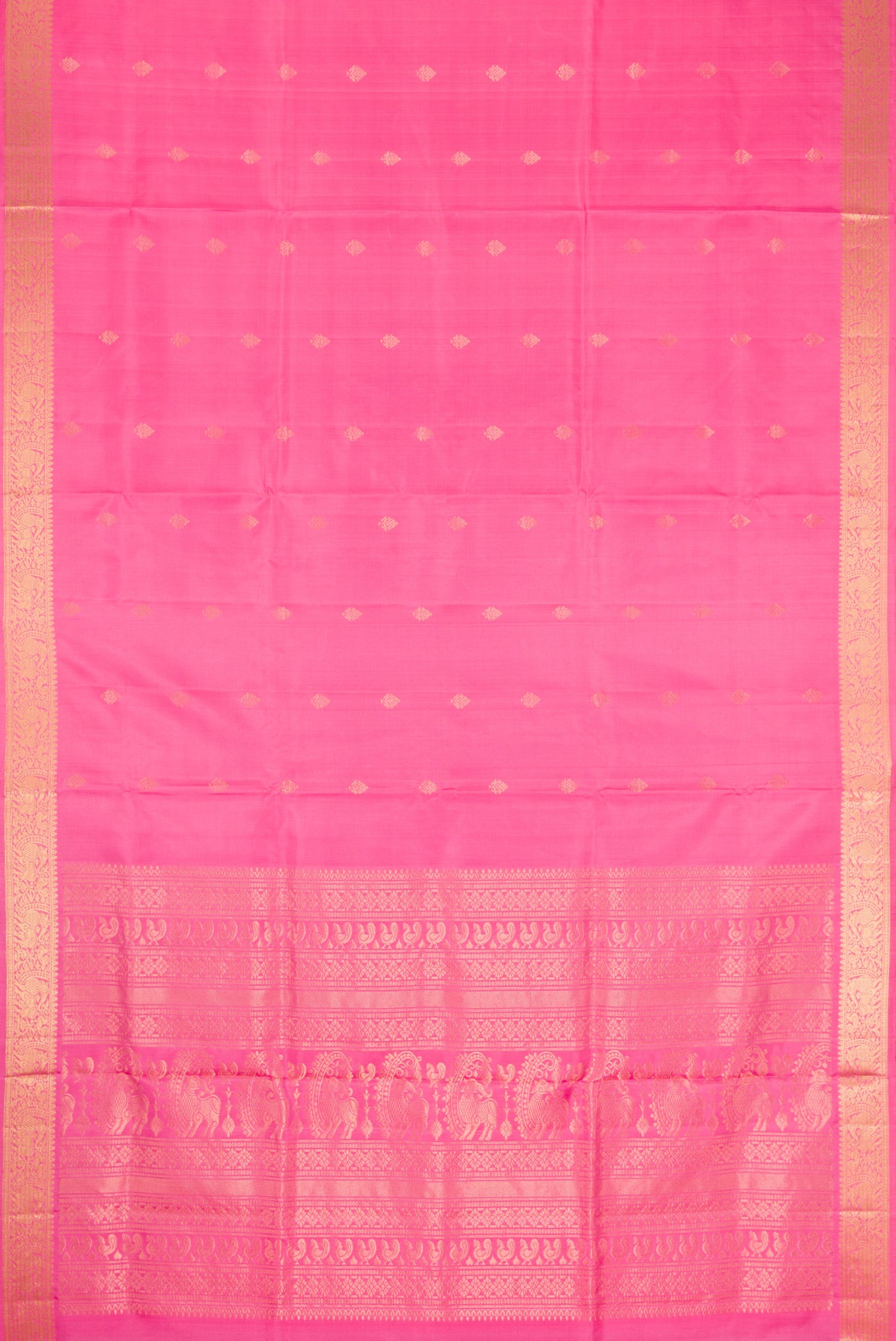 Flat view of Pink Dual Tone Soft Silk Saree with Zari Butta on the body and Zari Border. 