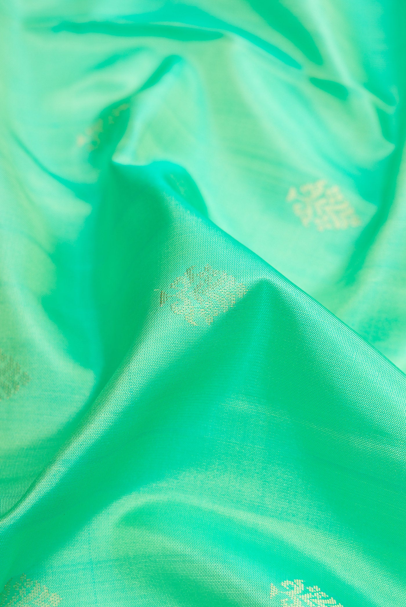 Close up of Pista Green Dual Tone Soft Silk Saree with Zari Butta on the body and Zari Border.  displaying folds