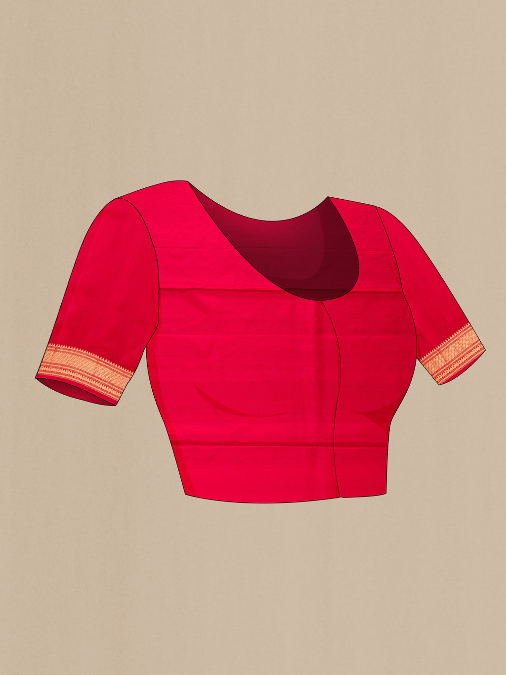 Close up image of the blouse of Red Dual Tone Soft Silk Saree with Zari Butta on the body and Zari Border. 