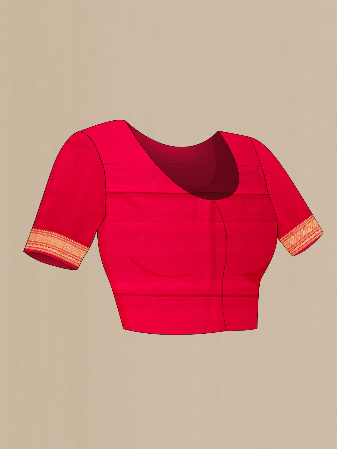 Close up image of the blouse of Red Dual Tone Soft Silk Saree with Zari Butta on the body and Zari Border. 