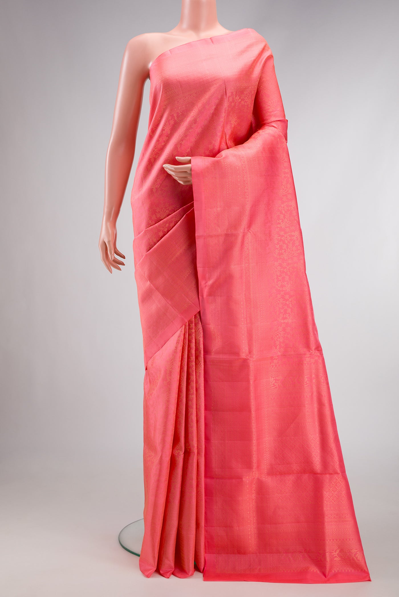 Pink Dual Tone Soft Silk Saree with Zari Brocade on the body and Zari Border.  displayed on a mannequin