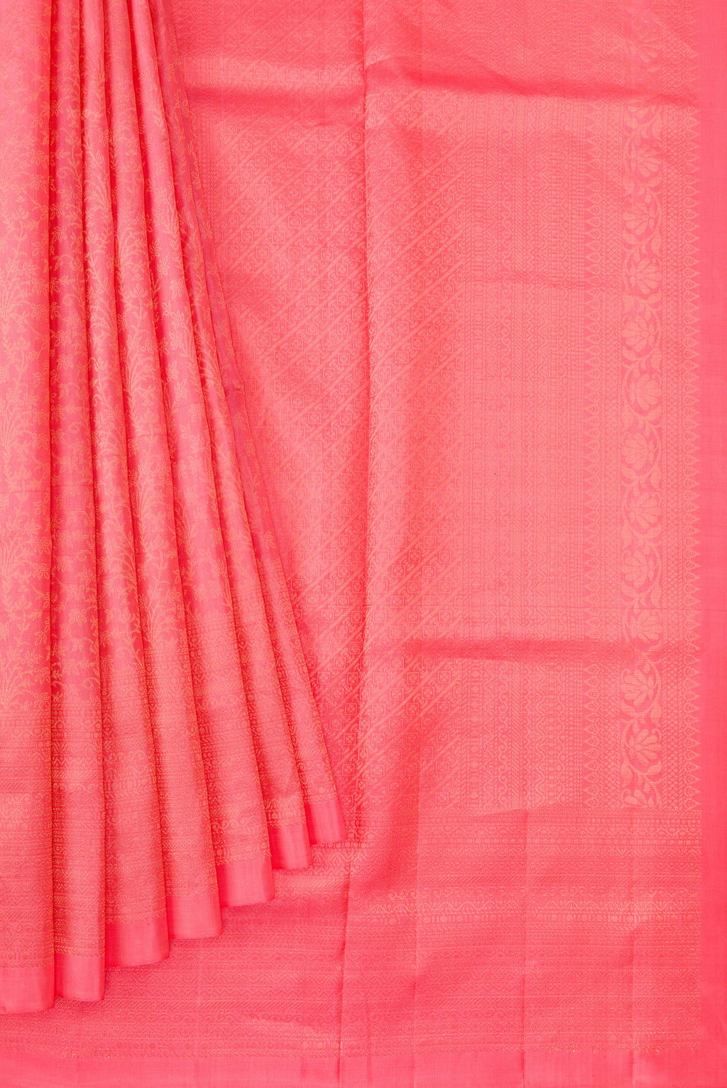 Pleats and pallu of Pink Dual Tone Soft Silk Saree with Zari Brocade on the body and Zari Border. 