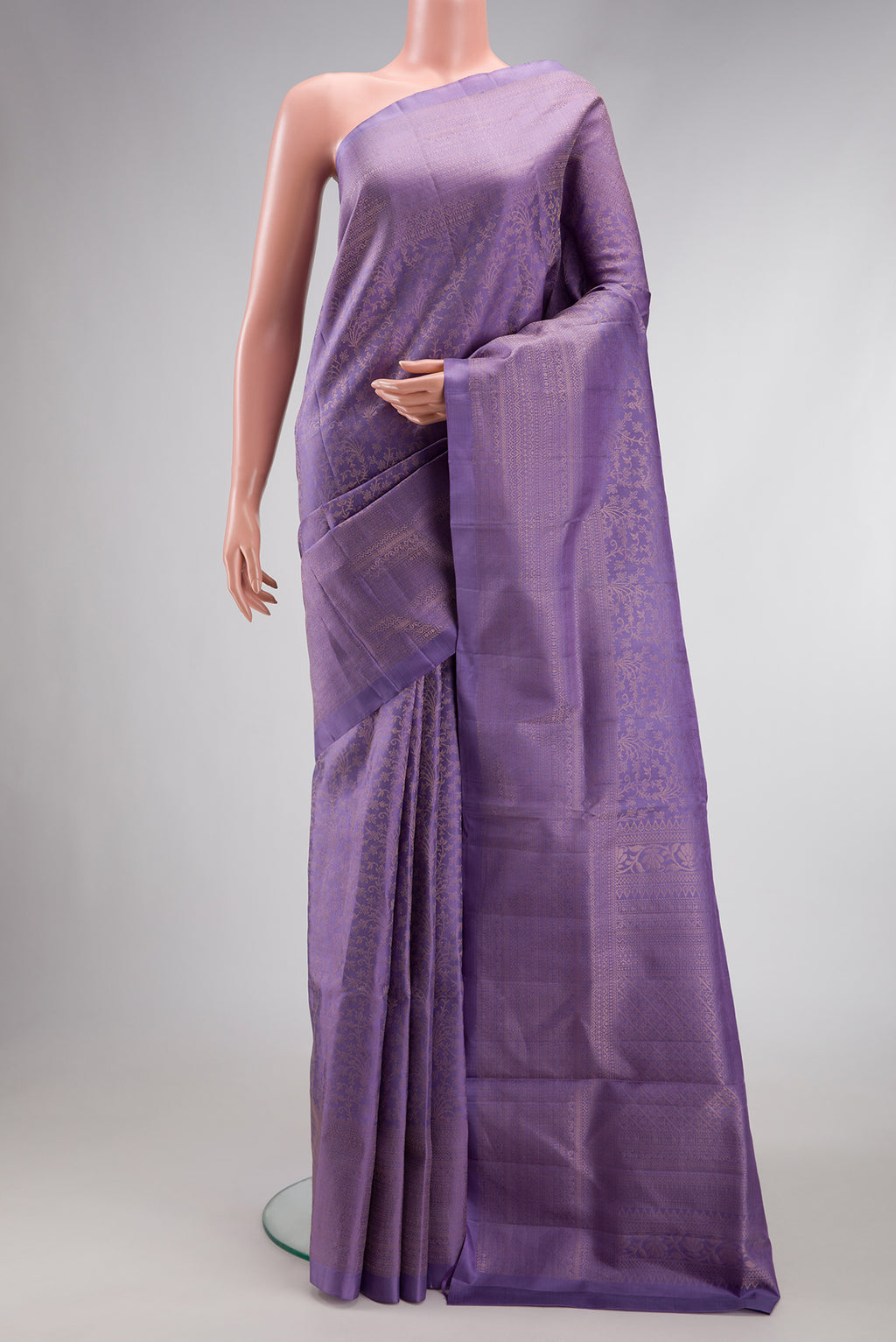 Lavender Dual Tone Soft Silk Saree with Zari Brocade on the body and Zari Border.  displayed on a mannequin
