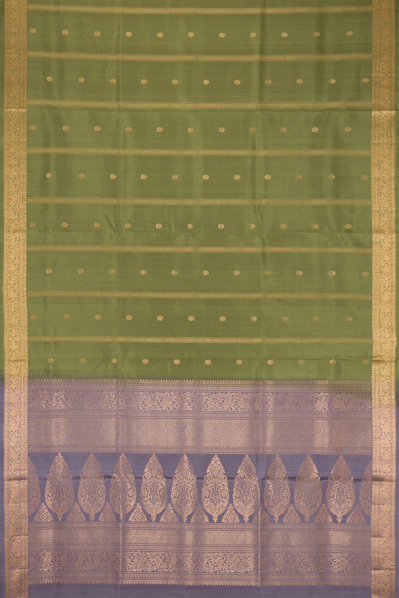 Flat view of Mehandi Green Dual Tone Soft Silk Saree with Zari Butta on the body and Zari Border. 