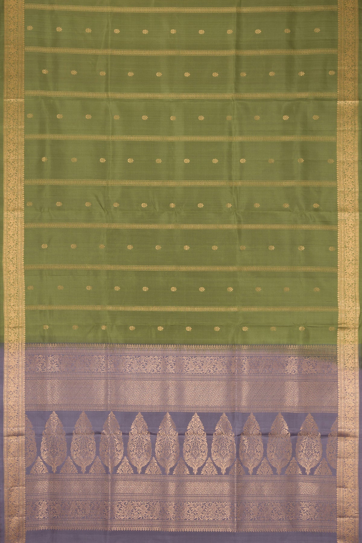 Flat view of Mehandi Green Dual Tone Soft Silk Saree with Zari Butta on the body and Zari Border. 