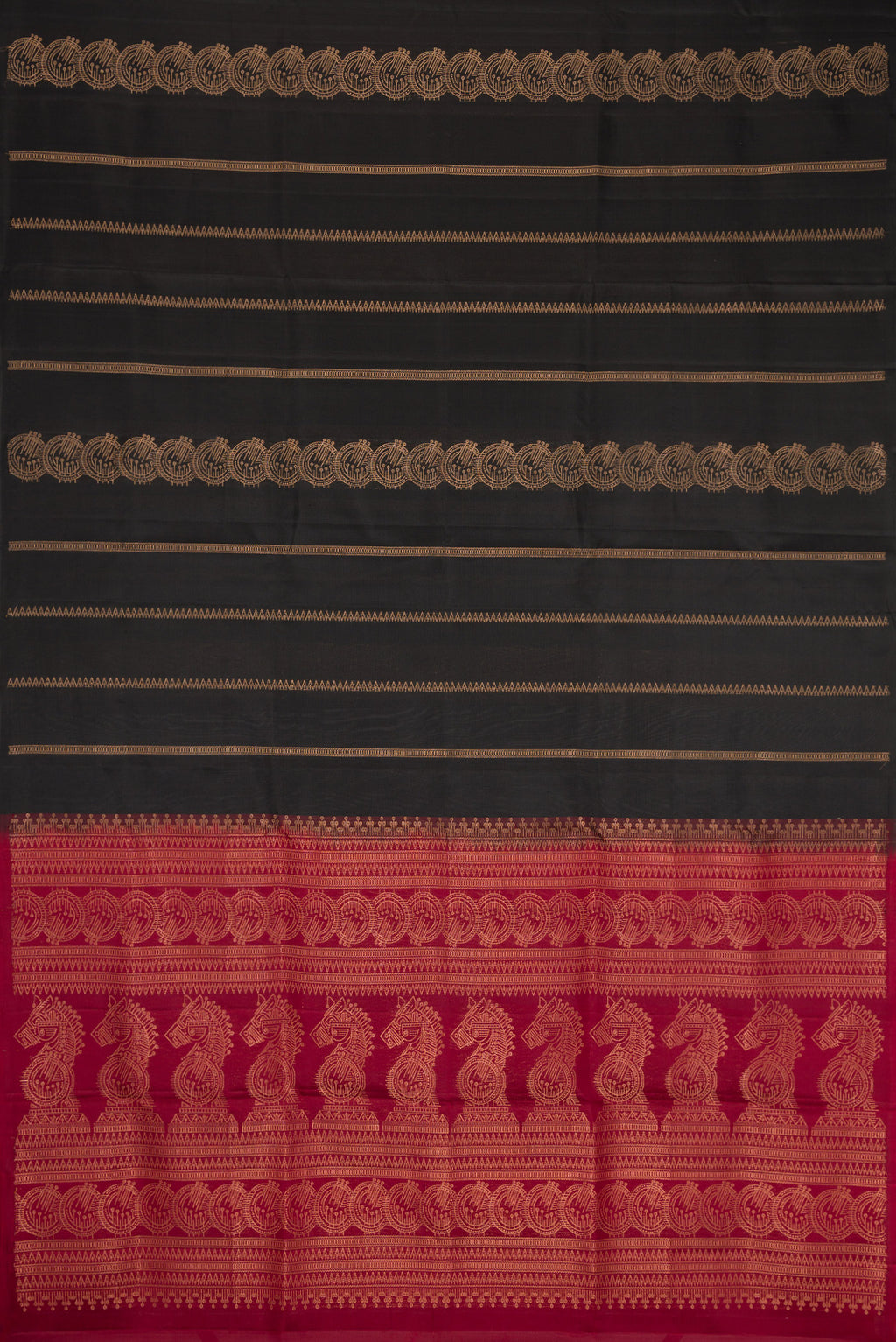 Flat view of Black Dual Tone Soft Silk Saree with Stripes on the body and Without Border. 