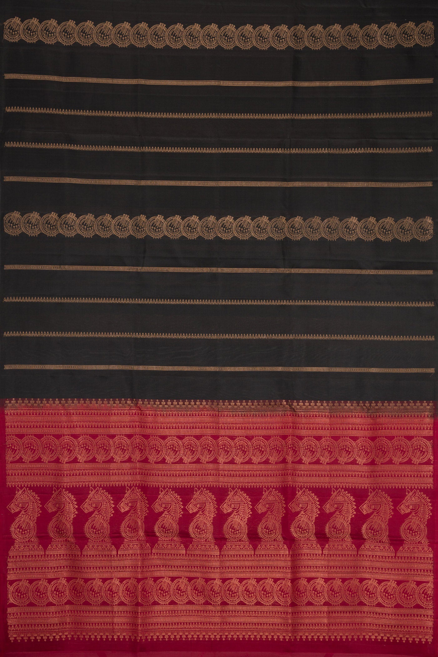 Flat view of Black Dual Tone Soft Silk Saree with Stripes on the body and Without Border. 
