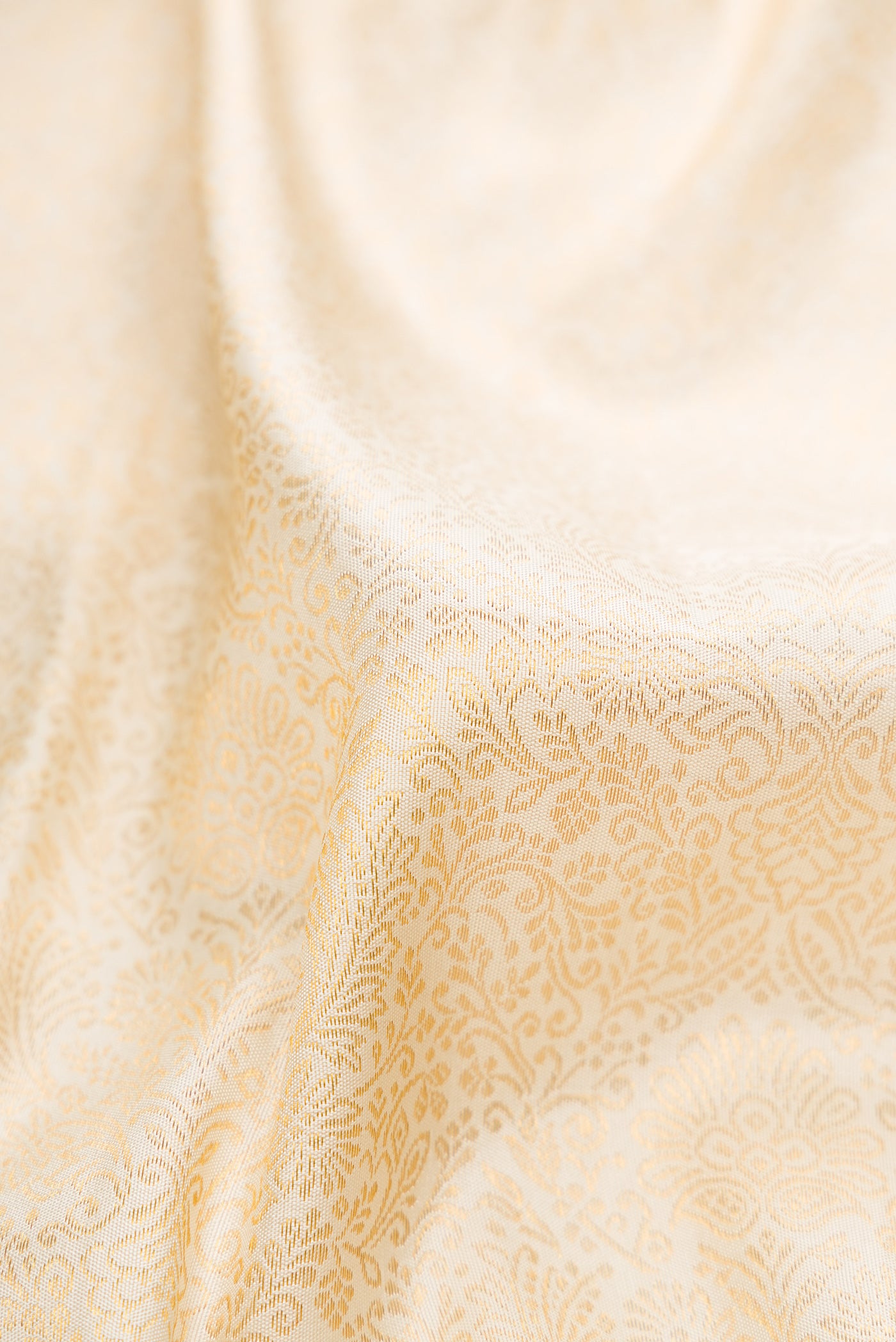 Close up of Off White Kanjivaram Silk Saree with Zari Brocade on the body and Zari Border.  displaying folds