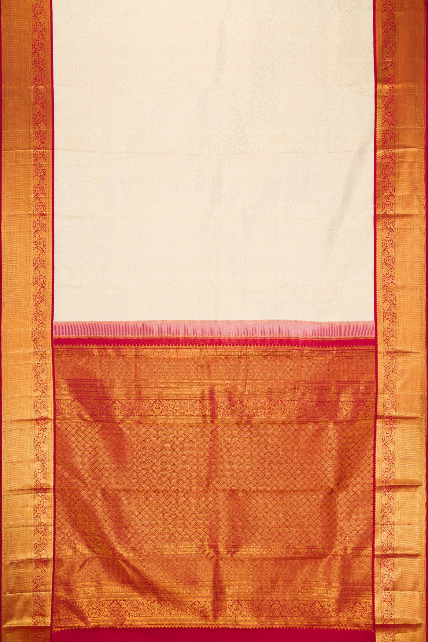 Flat view of Off White Kanjivaram Silk Saree with Zari Brocade on the body and Zari Border. 