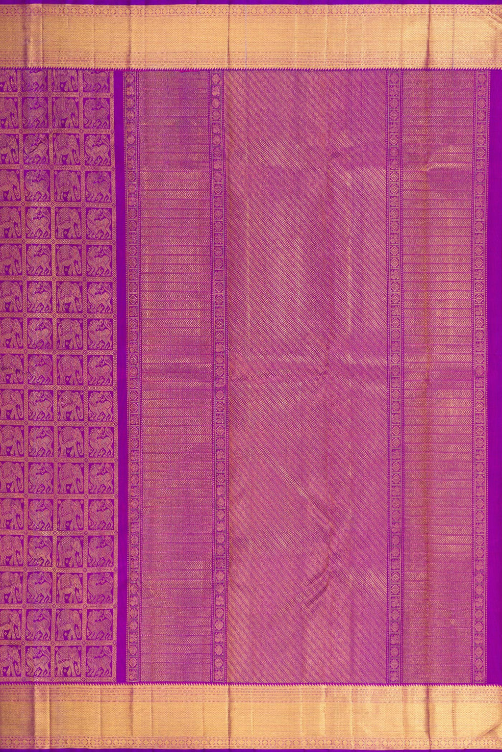Close up image of the pallu of Violet Dual Tone Kanchipuram Silk Saree with Zari Brocade on the body and Zari Border. 