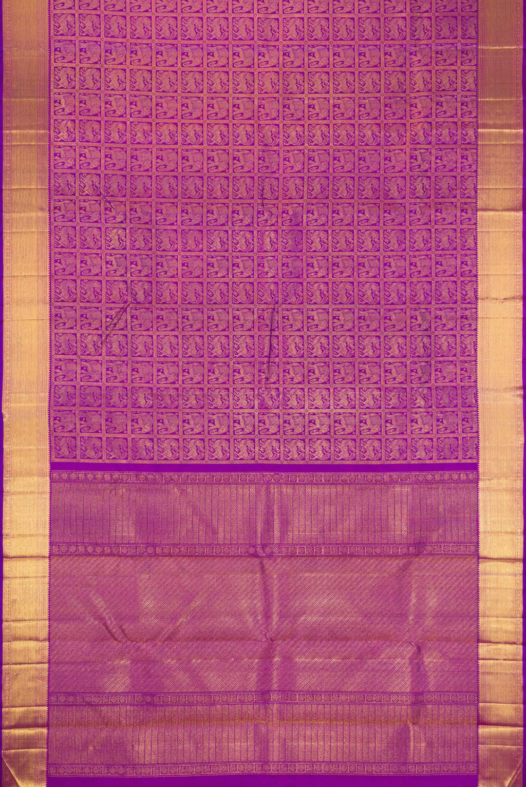 Flat view of Violet Dual Tone Kanchipuram Silk Saree with Zari Brocade on the body and Zari Border. 