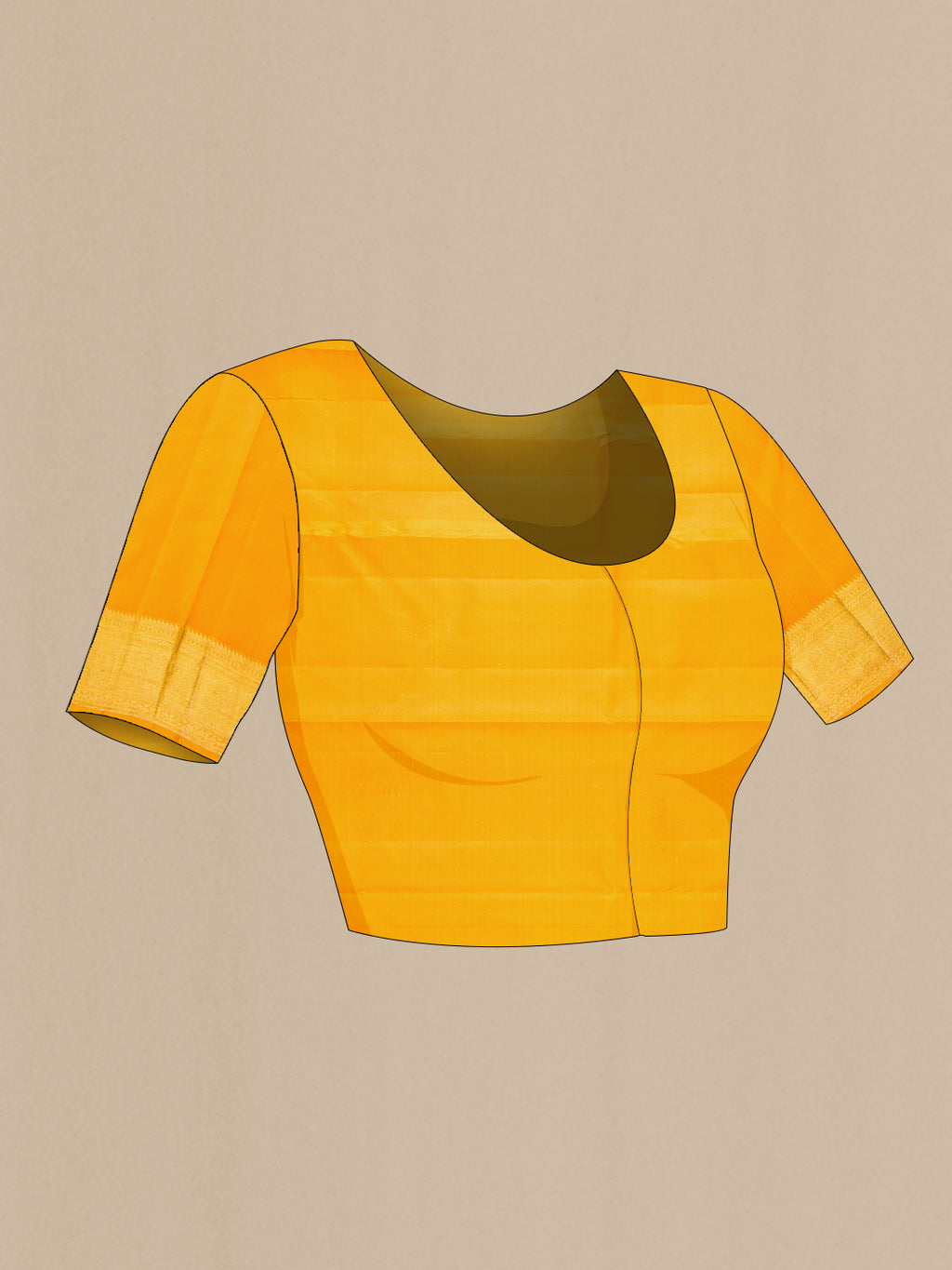 Close up image of the blouse of Mustard Kanchipuram Silk Saree with Zari Brocade on the body and Zari Border. 