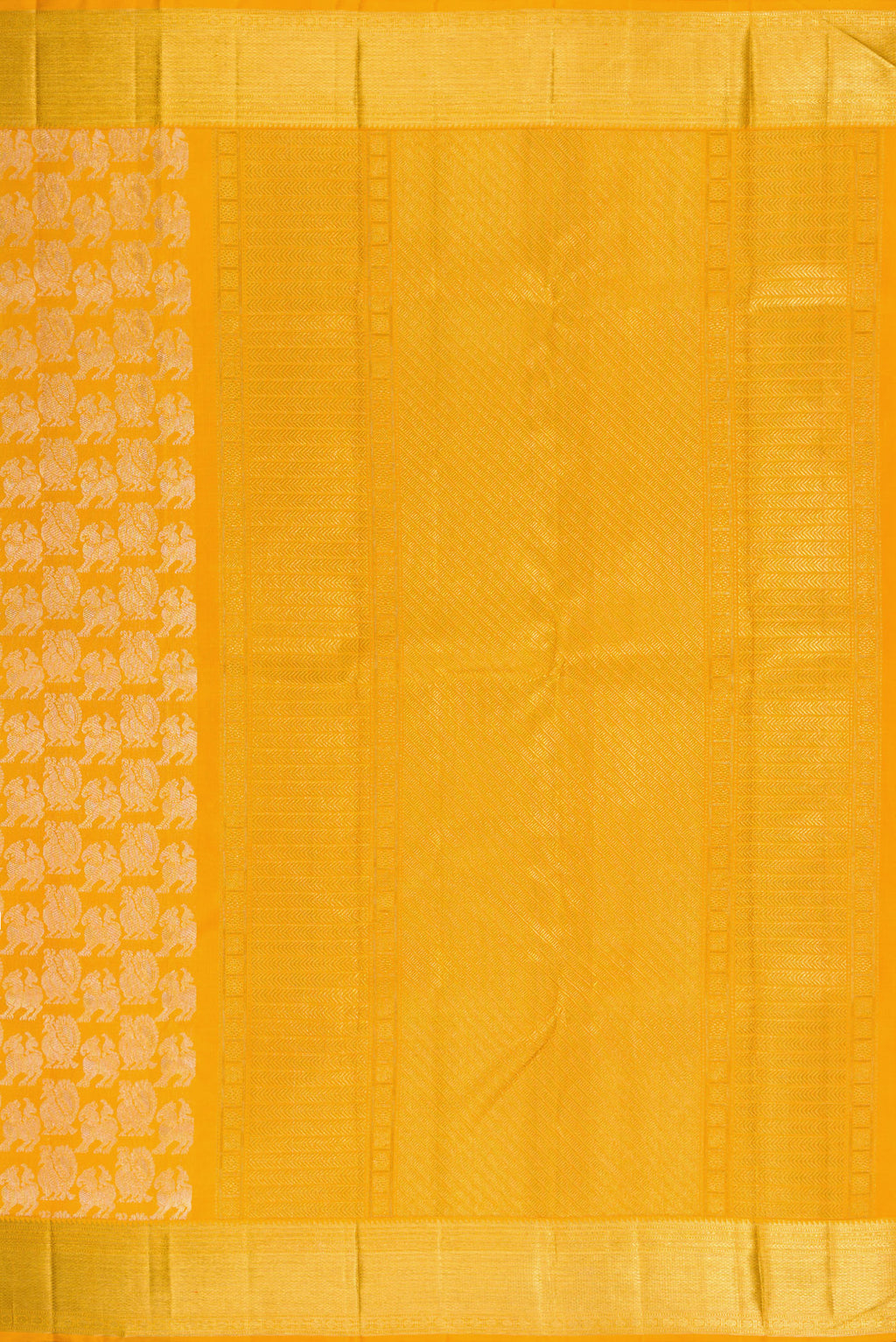 Close up image of the pallu of Mustard Kanchipuram Silk Saree with Zari Brocade on the body and Zari Border. 