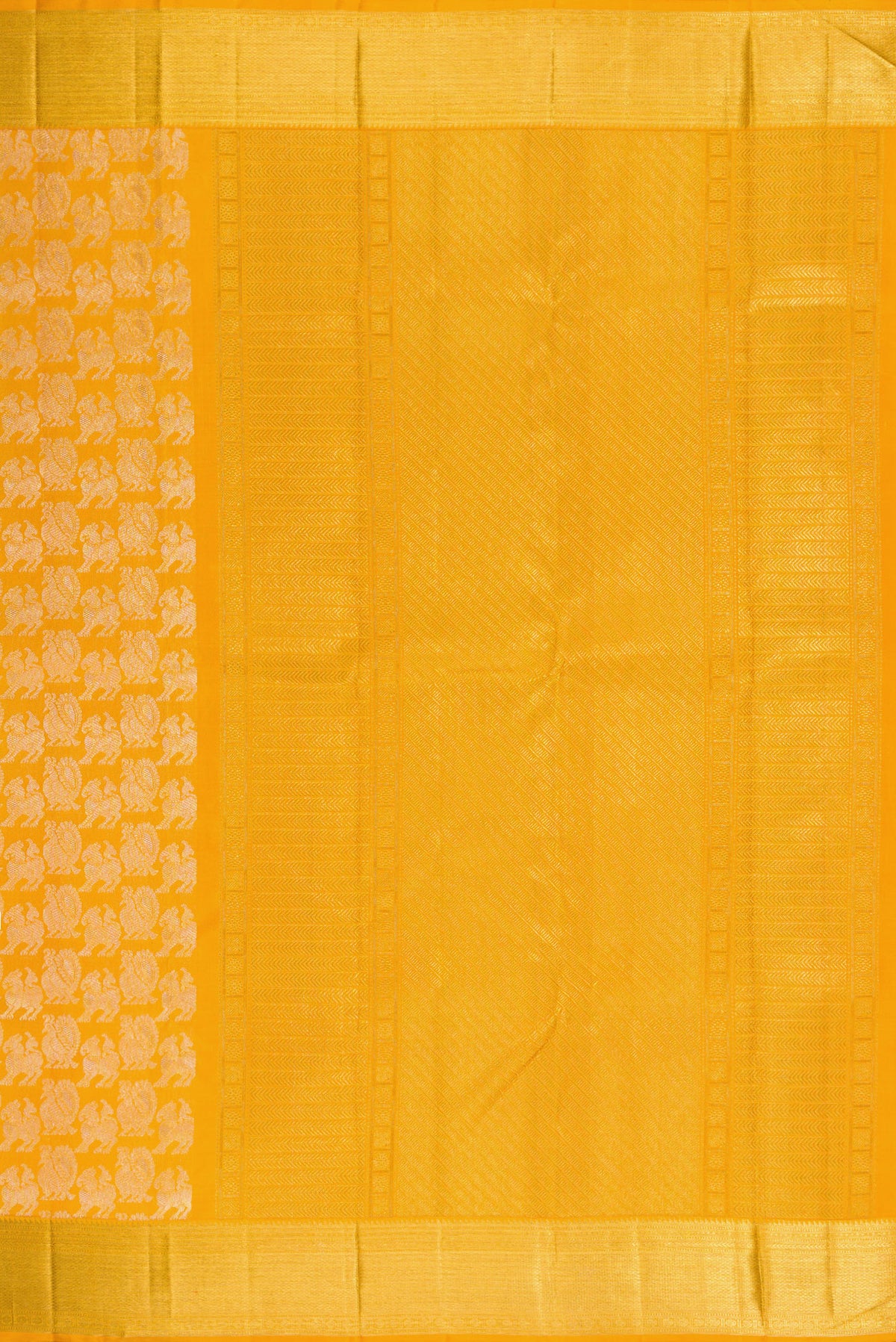 Close up image of the pallu of Mustard Kanchipuram Silk Saree with Zari Brocade on the body and Zari Border. 