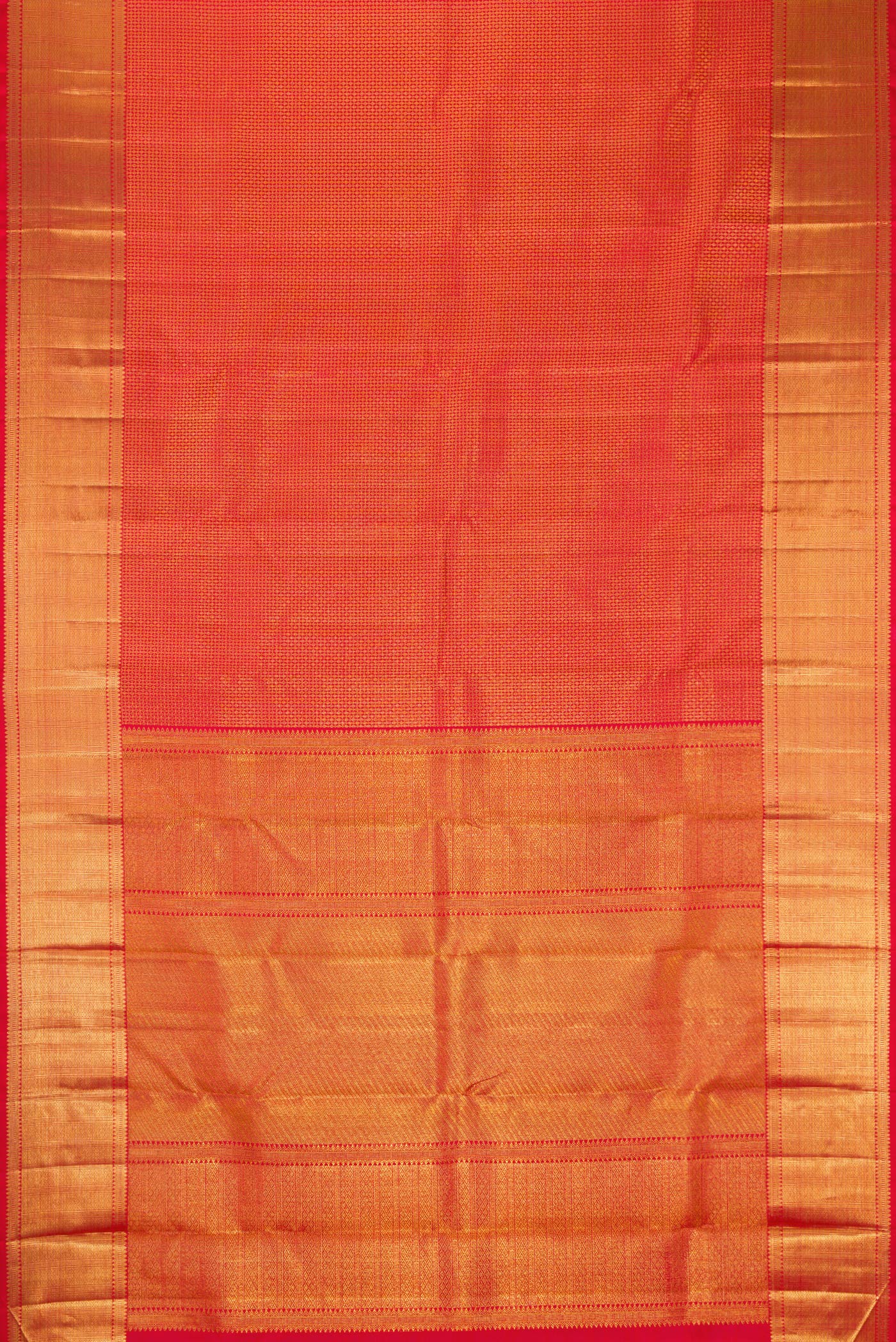 Flat view of Red Dual Tone Kanchipuram Silk Saree with Zari Brocade on the body and Zari Border. 