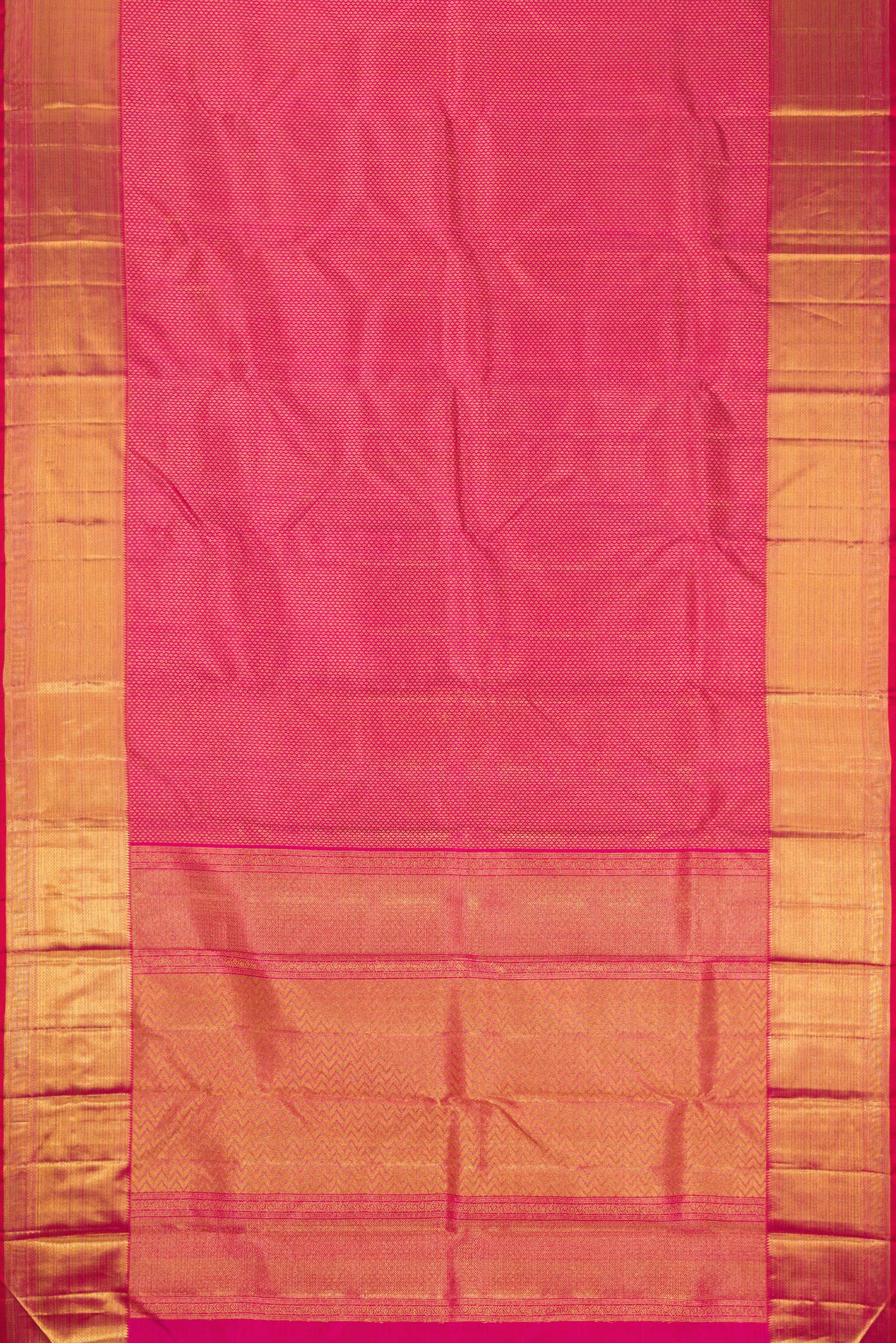 Flat view of Pink Dual Tone Kanchipuram Silk Saree with Zari Brocade on the body and Zari Border. 