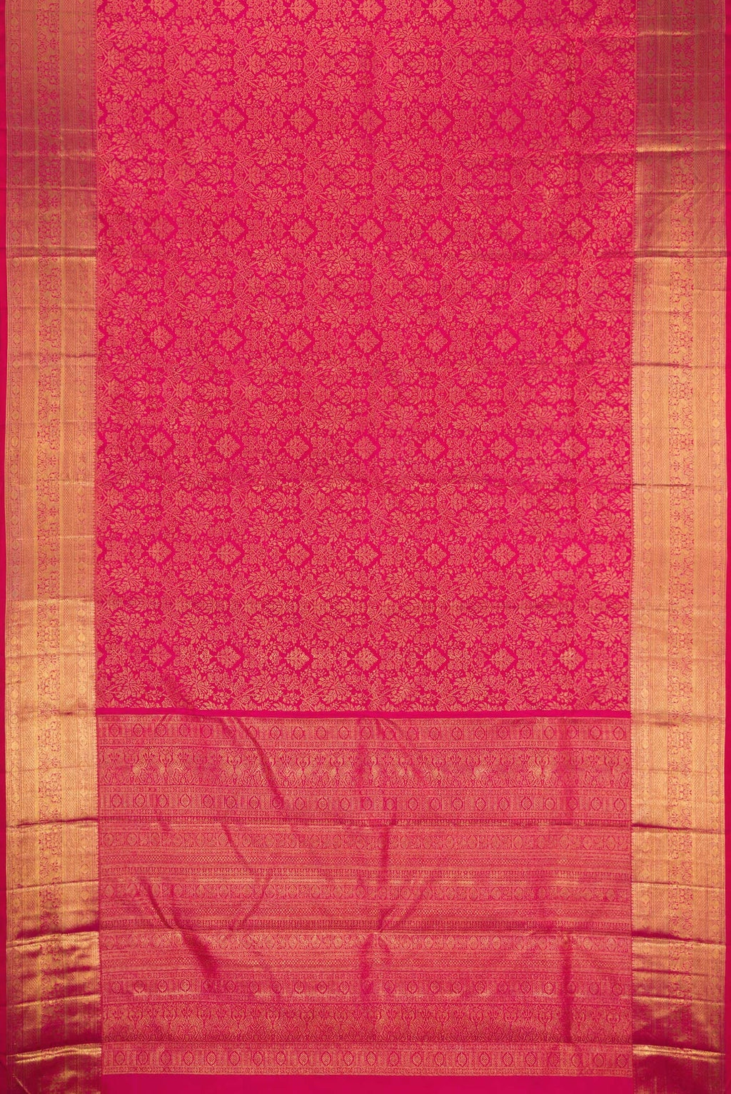 Flat view of Dark Pink Dual Tone Kanchipuram Silk Saree with Zari Brocade on the body and Zari Border. 