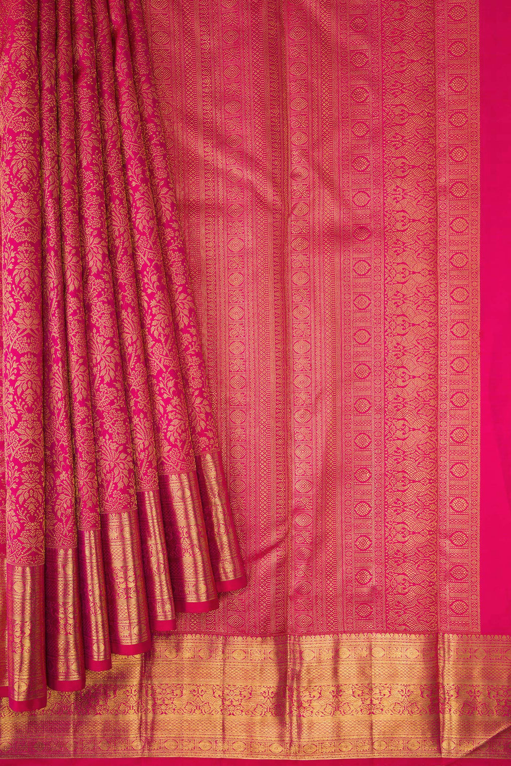 Pleats and pallu of Dark Pink Dual Tone Kanchipuram Silk Saree with Zari Brocade on the body and Zari Border. 