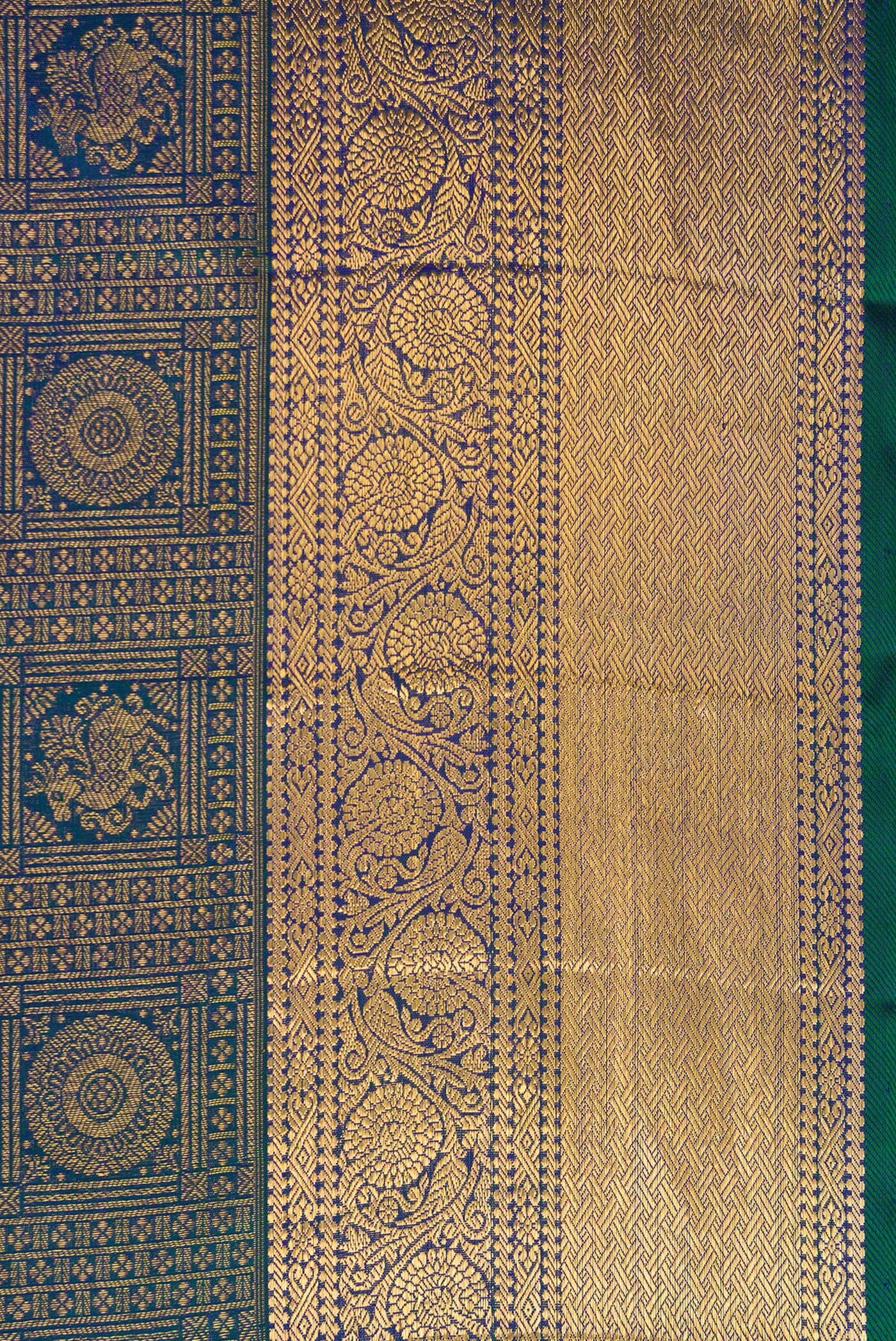 Border image of Peacock Blue Dual Tone Kanchipuram Silk Saree with Zari Brocade on the body and Zari Border. 