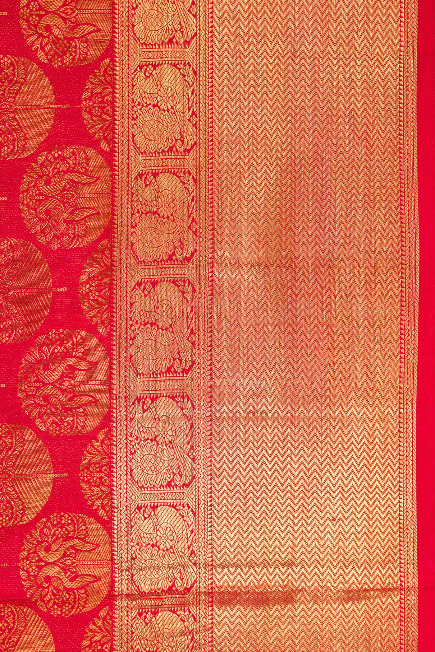 Border image of Red Dual Tone Kanchipuram Silk Saree with Zari Brocade on the body and Zari Border. 