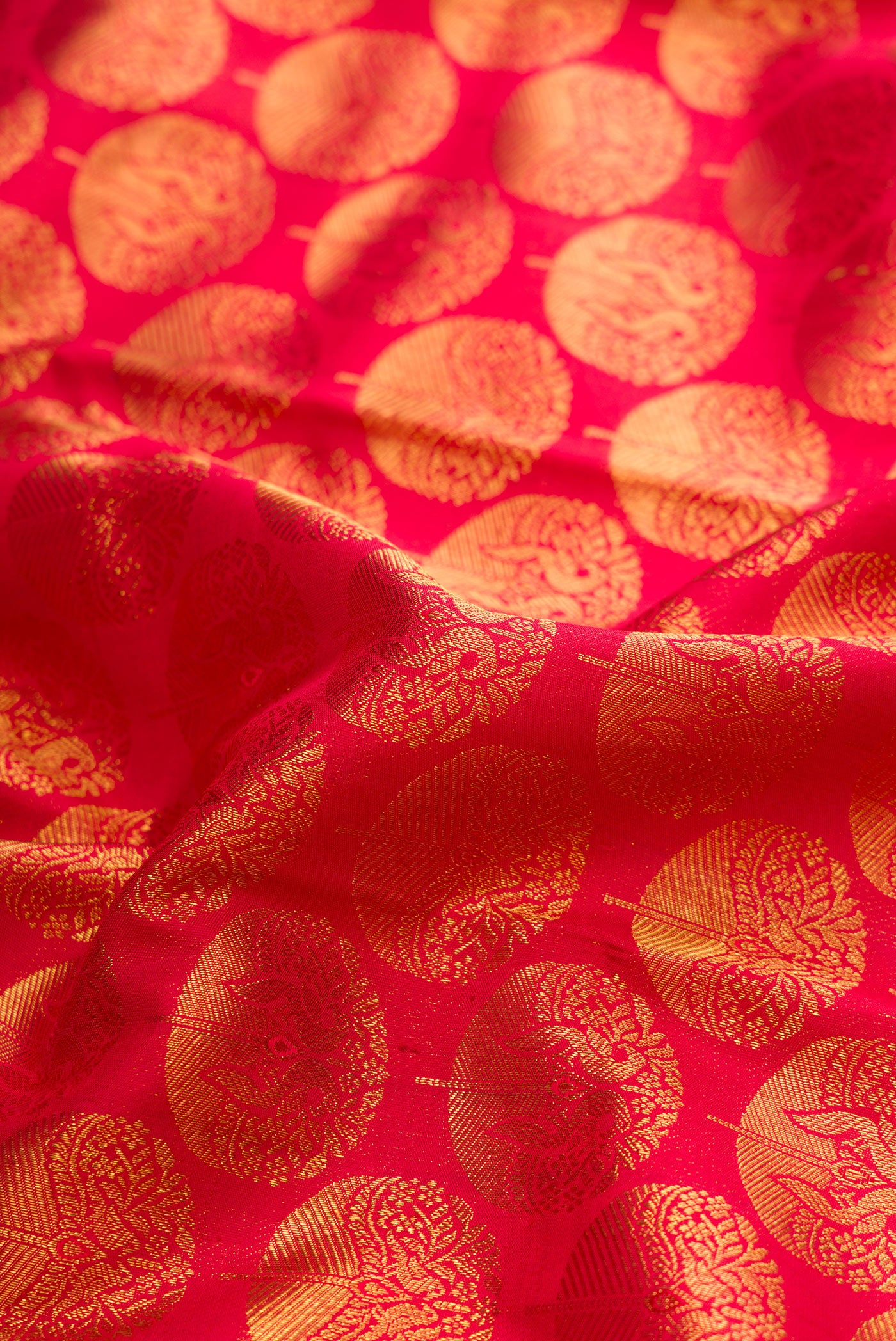 Close up of Red Dual Tone Kanchipuram Silk Saree with Zari Brocade on the body and Zari Border.  displaying folds