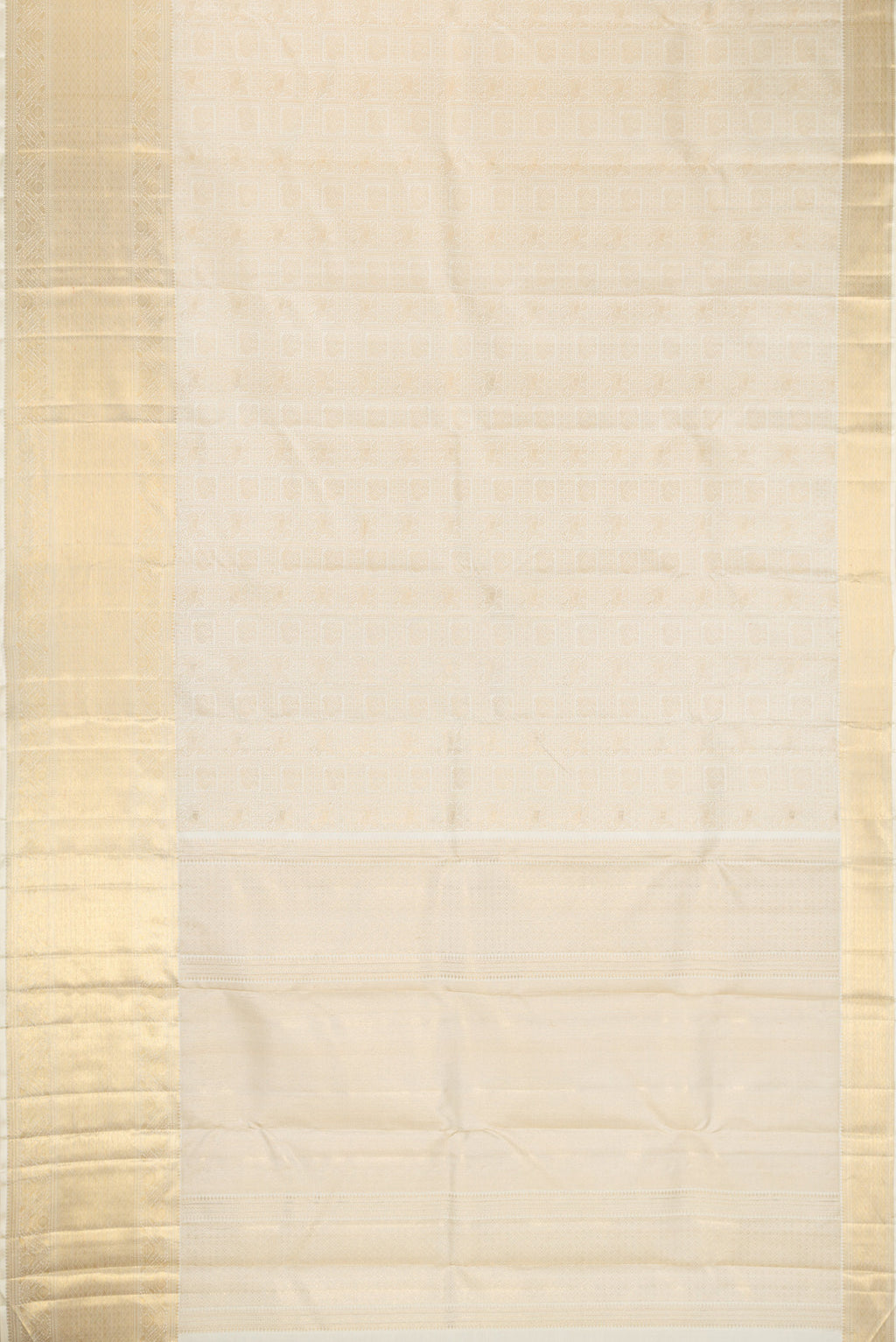 Flat view of Off White Dual Tone Kanchipuram Silk Saree with Zari Brocade on the body and Zari Border. 