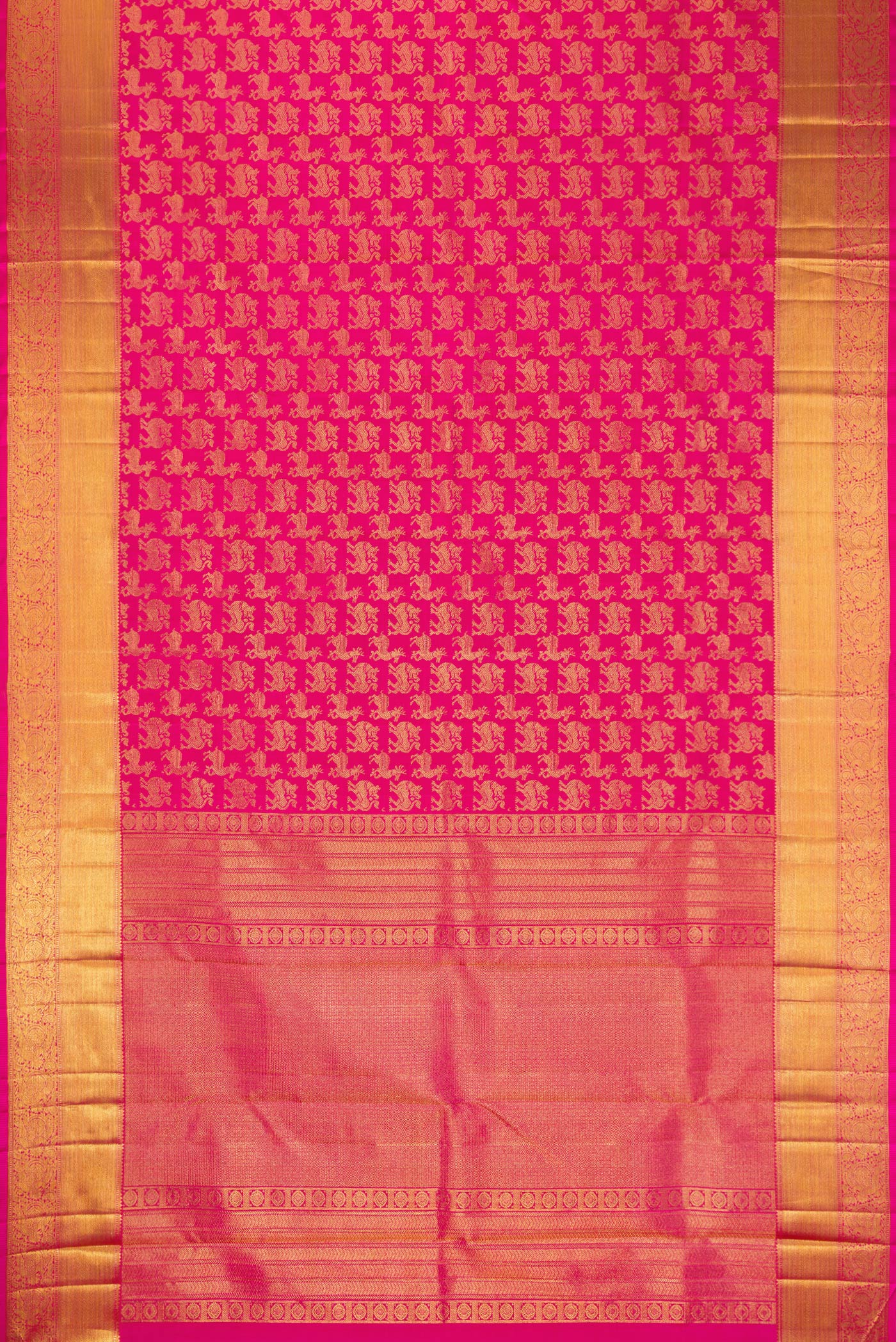 Flat view of Pink Dual Tone Kanchipuram Silk Saree with Zari Brocade on the body and Zari Border. 