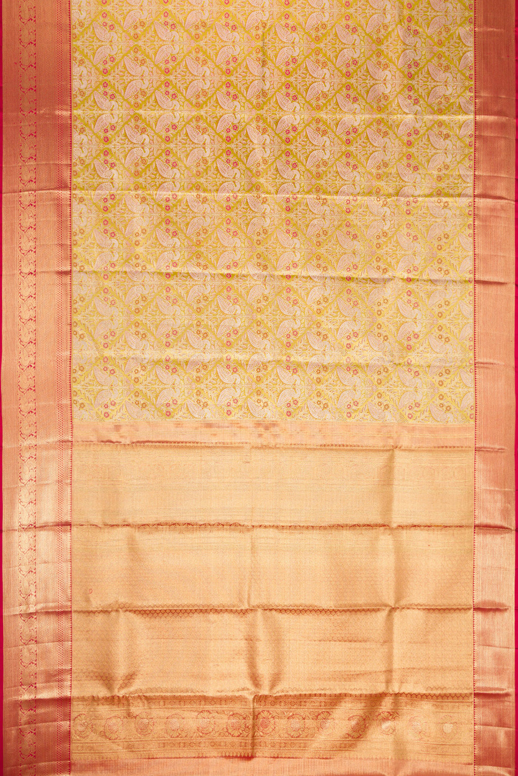 Flat view of Light Green Dual Tone Kanchipuram Tissue Silk Saree with Zari Brocade on the body and Zari Border. 